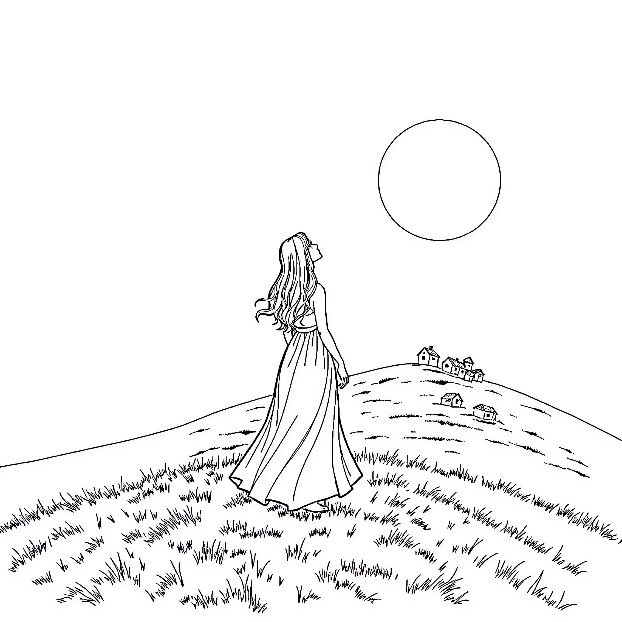 Woman walking in a serene countryside landscape Coloring Page (free black-and-white line drawing printable PDF for all, from beginners to advanced learners, including children, teens, adults, and seniors)