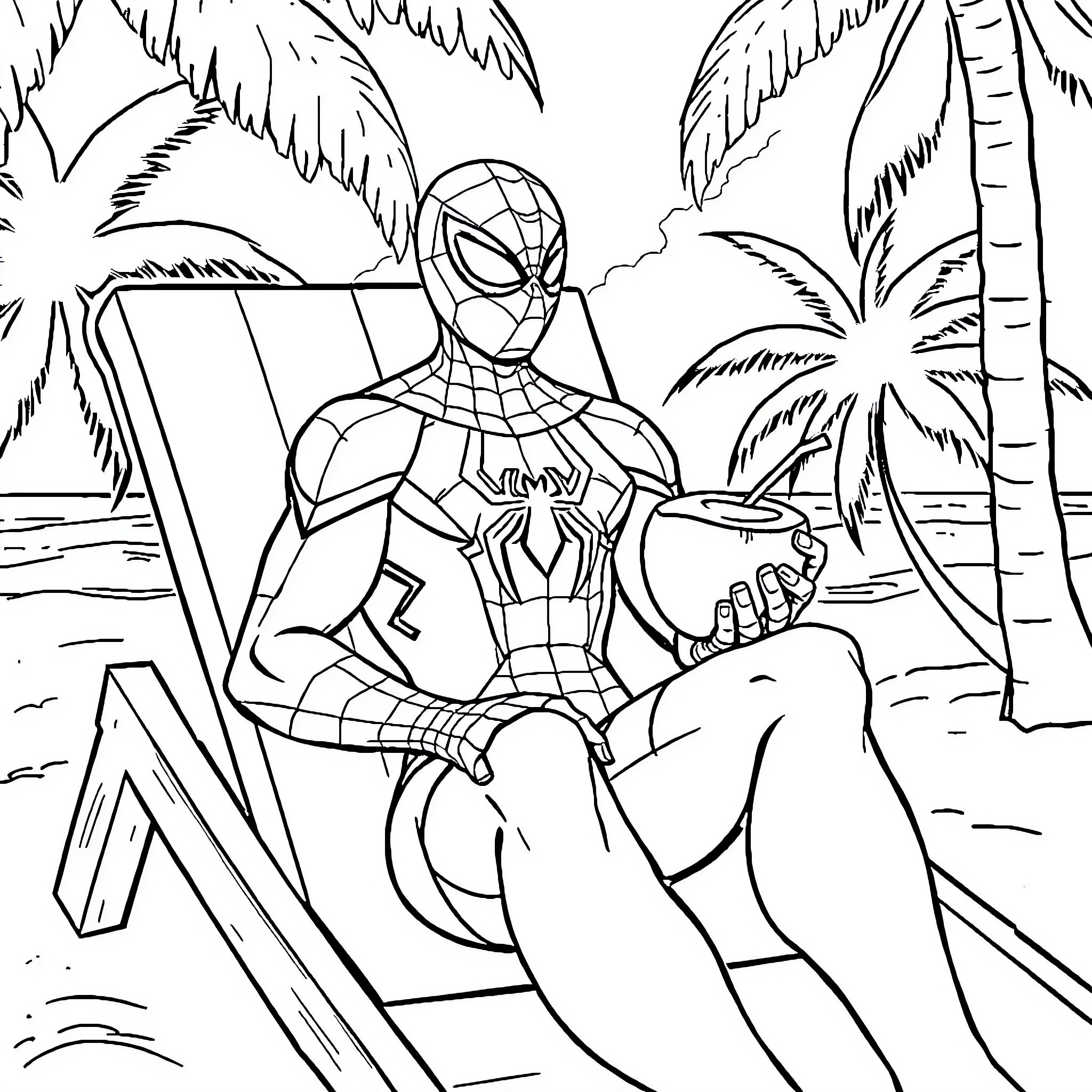 Spiderman relaxing on the beach Coloring Page (free black-and-white line drawing printable PDF for all, from beginners to advanced learners, including children, teens, adults, and seniors)