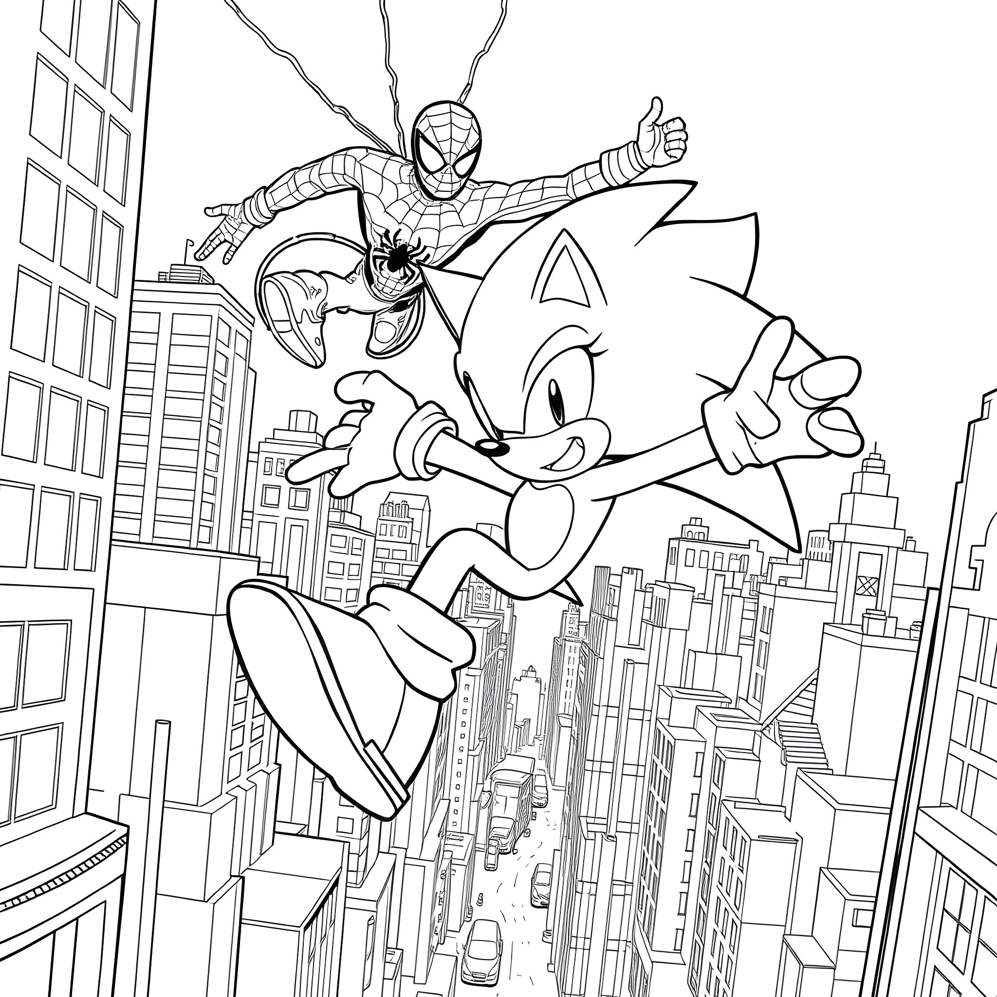 Sonic Spider-Man Swing Through the City with Excitement Coloring Page (free black-and-white line drawing printable PDF for all, from beginners to advanced learners, including children, teens, adults, and seniors)