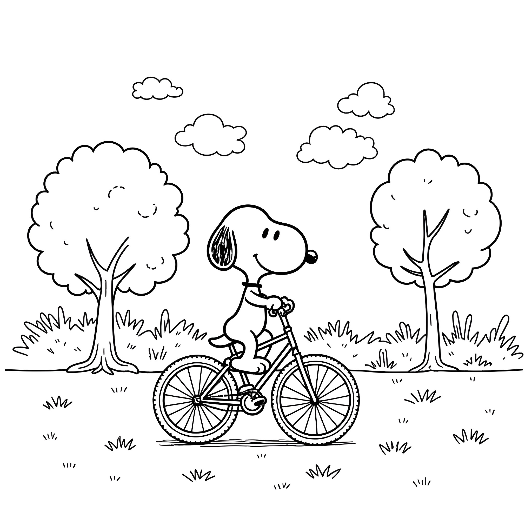 Snoopy riding a bicycle in a park Coloring Page (free black-and-white line drawing printable PDF for all, from beginners to advanced learners, including children, teens, adults, and seniors)