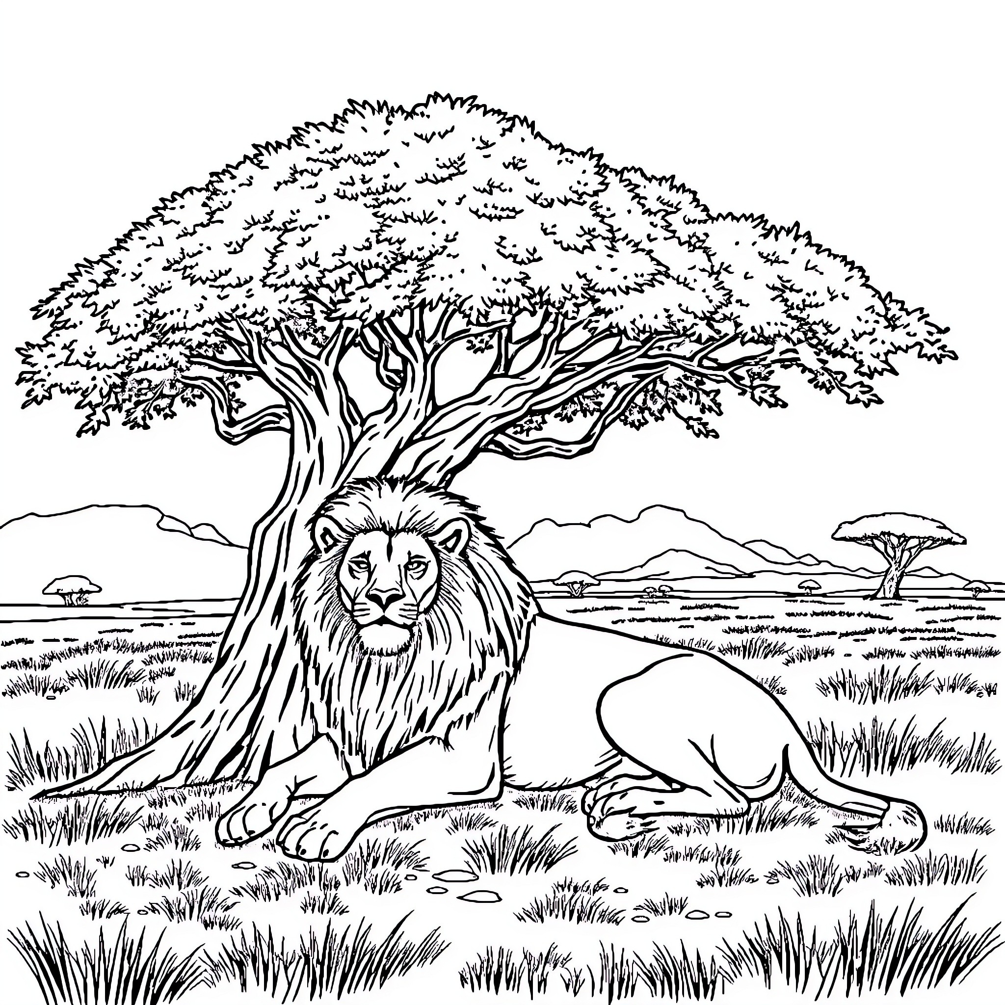 Lion resting peacefully under a large tree Coloring Page (free black-and-white line drawing printable PDF for all, from beginners to advanced learners, including children, teens, adults, and seniors)