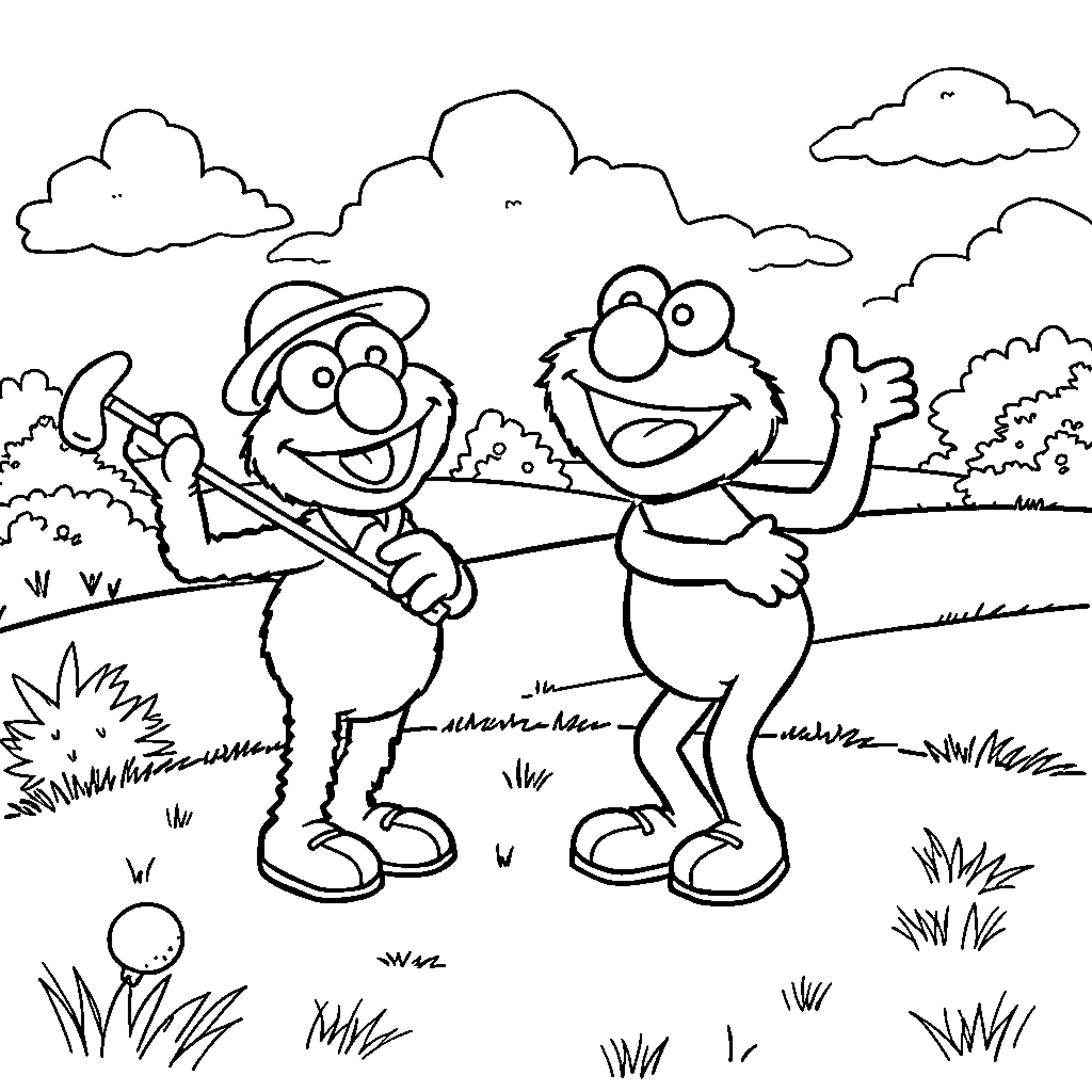 Elmo and his friend enjoying a playful day outdoors Coloring Page (free black-and-white line drawing printable PDF for all, from beginners to advanced learners, including children, teens, adults, and seniors)