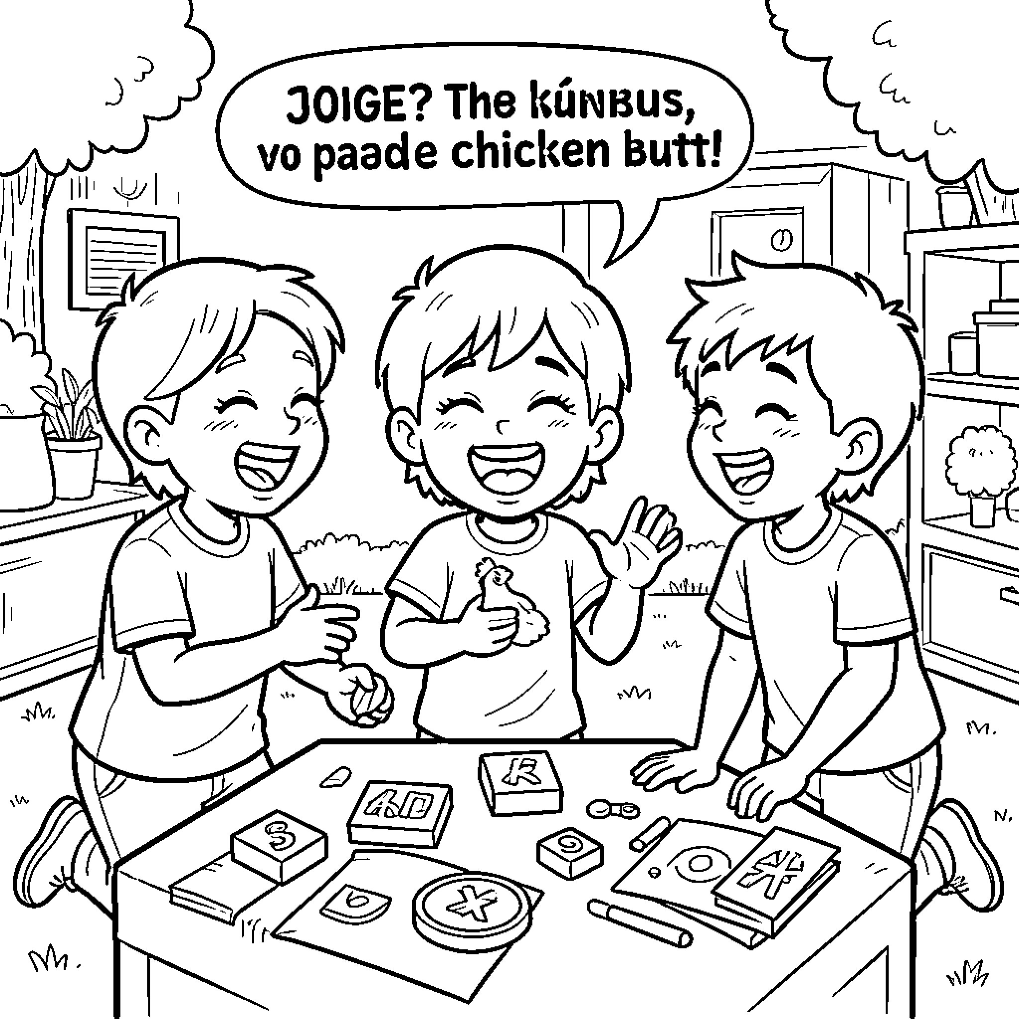 Chicken jokes being told among laughing children Coloring Page (free black-and-white line drawing printable PDF for all, from beginners to advanced learners, including children, teens, adults, and seniors)
