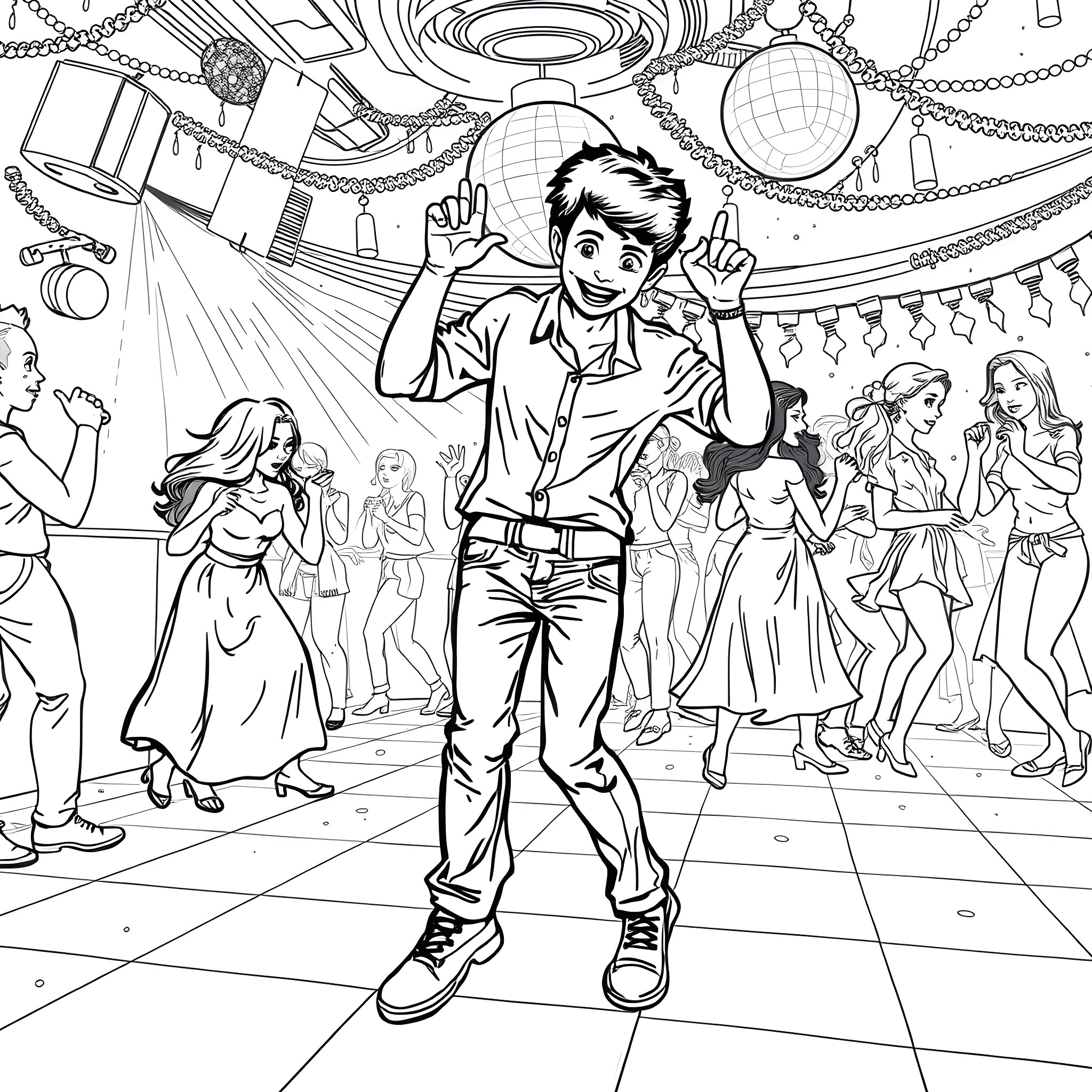 Mason dancing happily at a lively party Coloring Page (free black-and-white line drawing printable PDF for all, from beginners to advanced learners, including children, teens, adults, and seniors)
