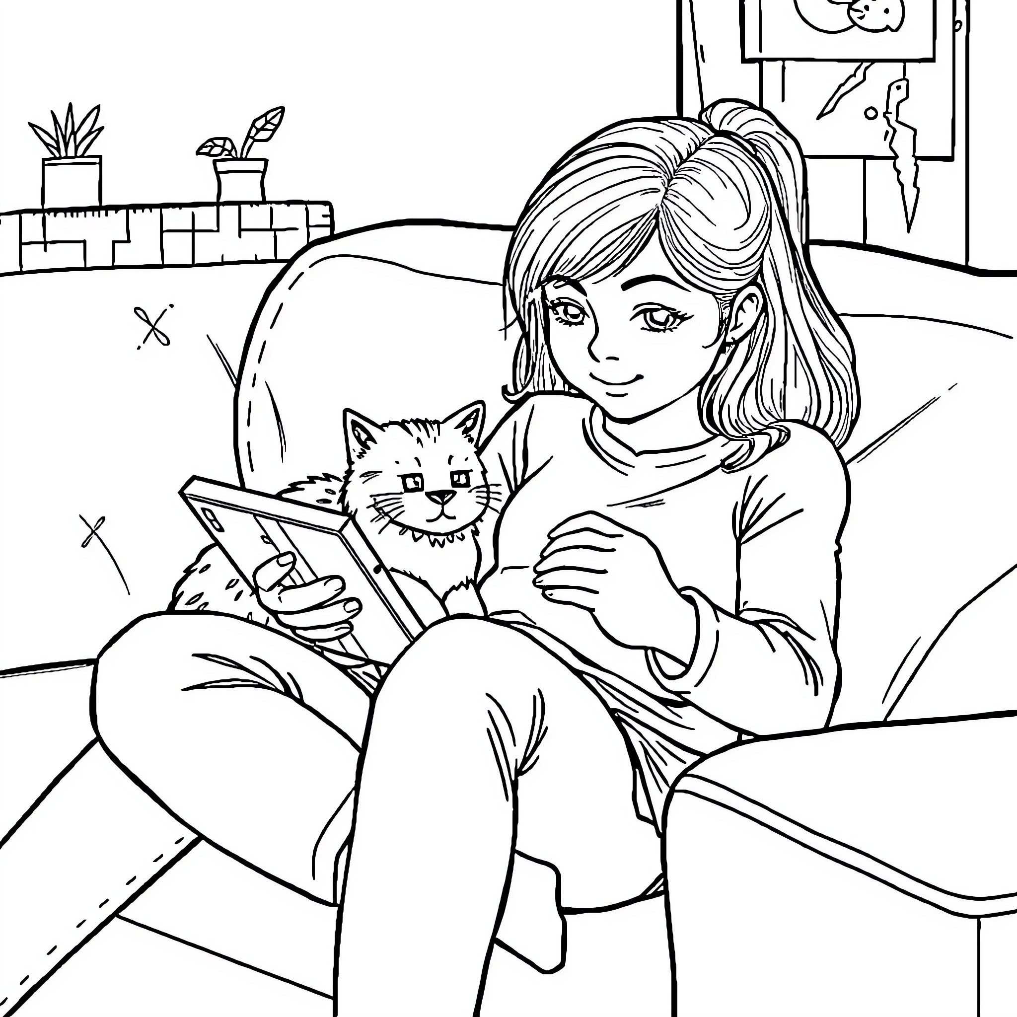 Girl enjoying quality time with her pet cat Coloring Page (free black-and-white line drawing printable PDF for all, from beginners to advanced learners, including children, teens, adults, and seniors)