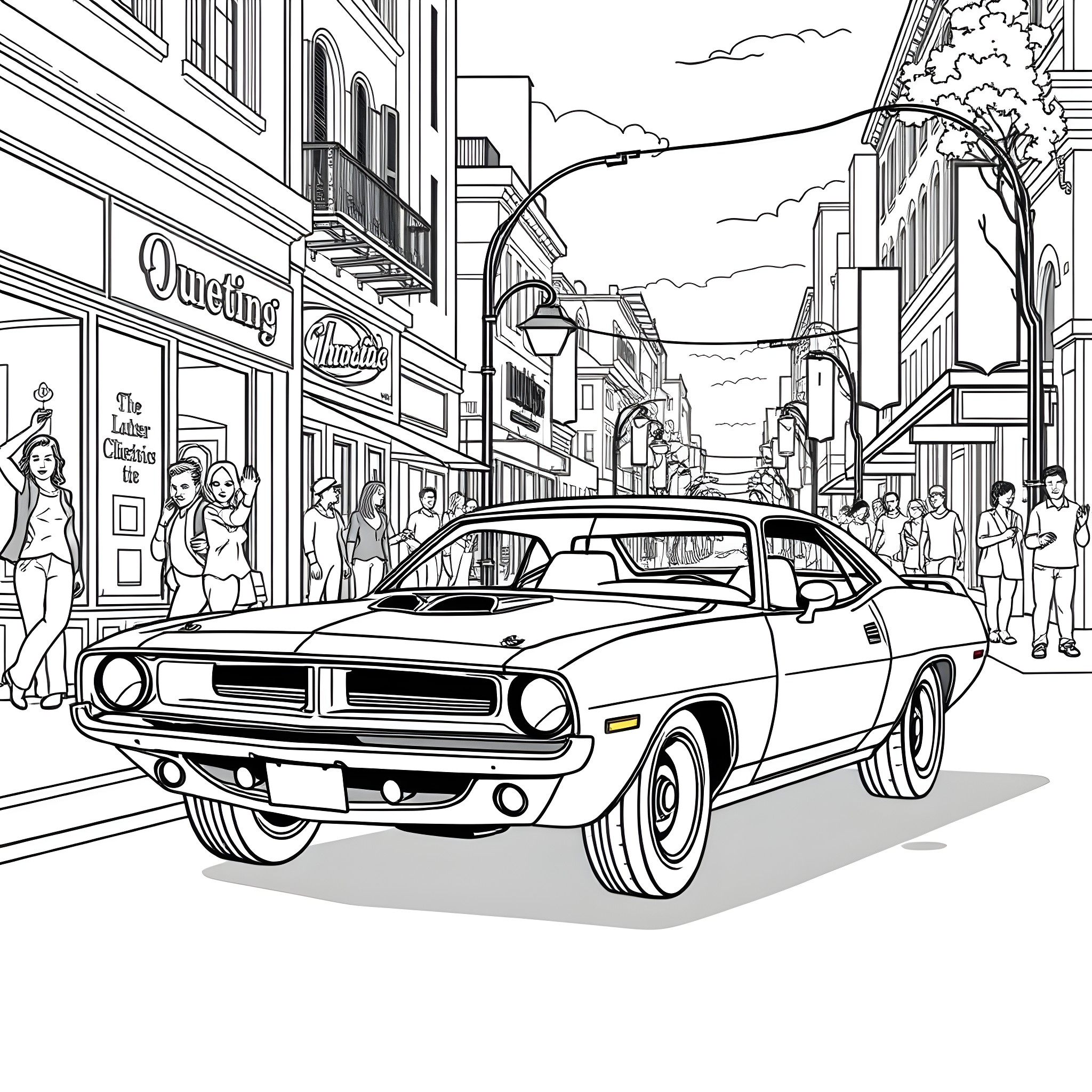 Cuda Cruising Through the Bustling City Coloring Page (free black-and-white line drawing printable PDF for all, from beginners to advanced learners, including children, teens, adults, and seniors)