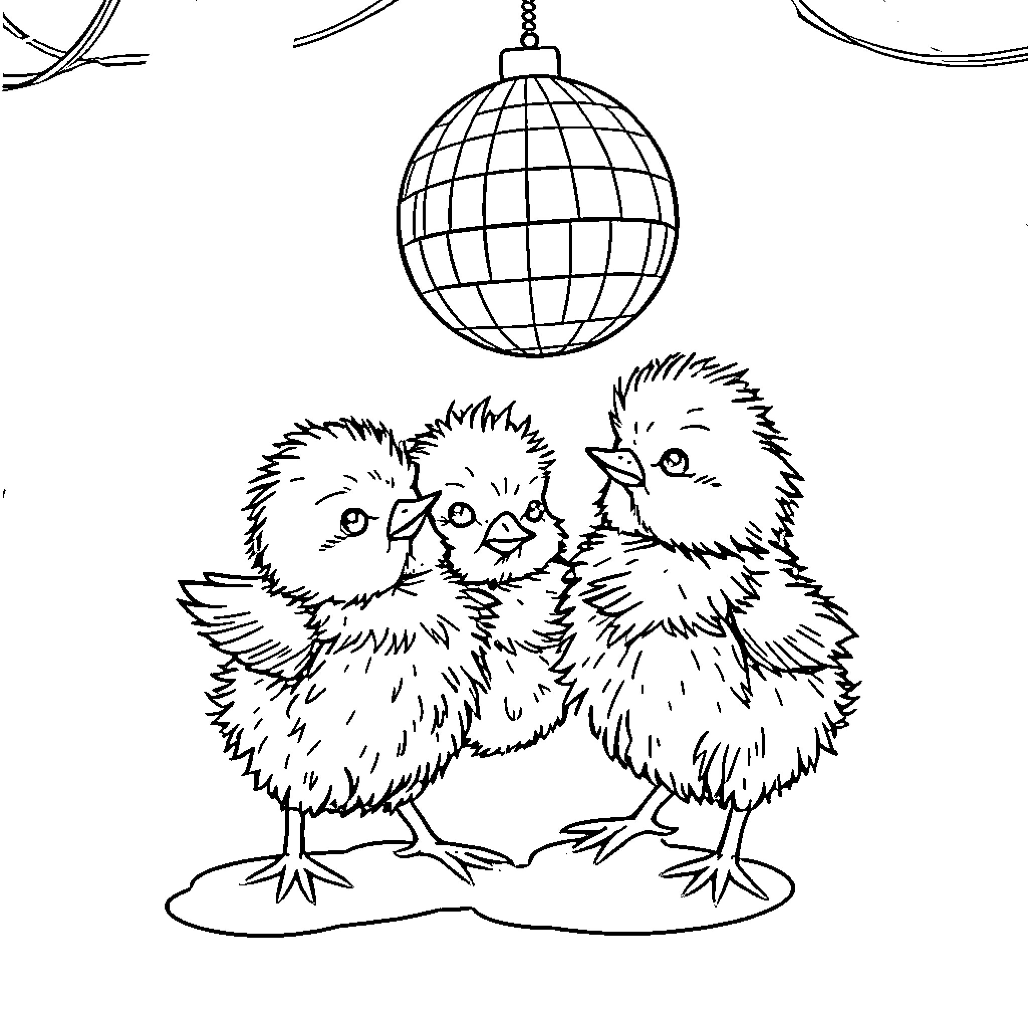Chicks looking up at disco ball Coloring Page (free black-and-white line drawing printable PDF for all, from beginners to advanced learners, including children, teens, adults, and seniors)