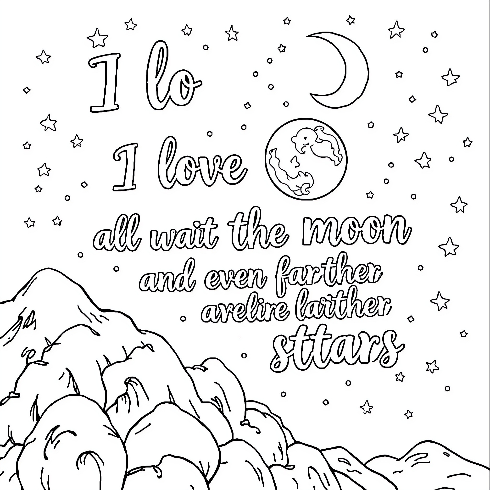 Moon love all wait the and even further stars Coloring Page (free black-and-white line drawing printable PDF for all, from beginners to advanced learners, including children, teens, adults, and seniors)