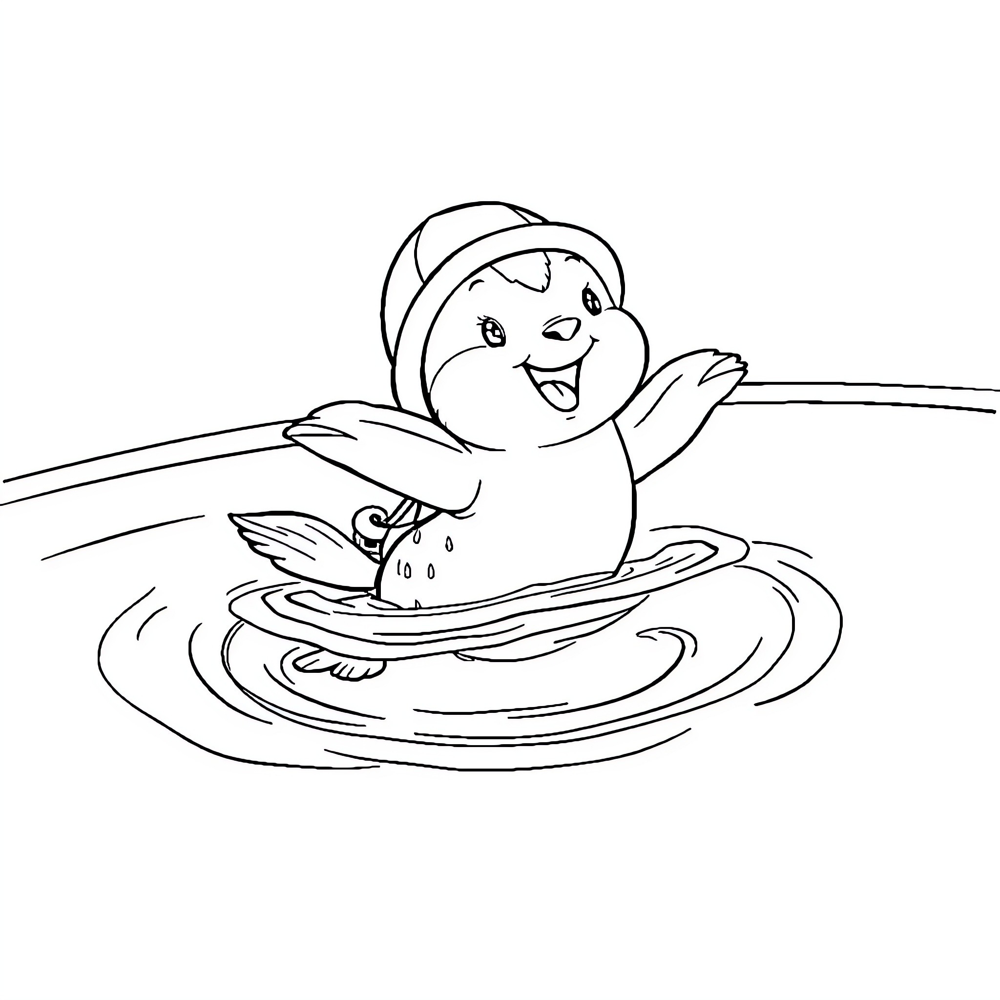 Puppy splashing joyfully in the water Coloring Page (free black-and-white line drawing printable PDF for all, from beginners to advanced learners, including children, teens, adults, and seniors)