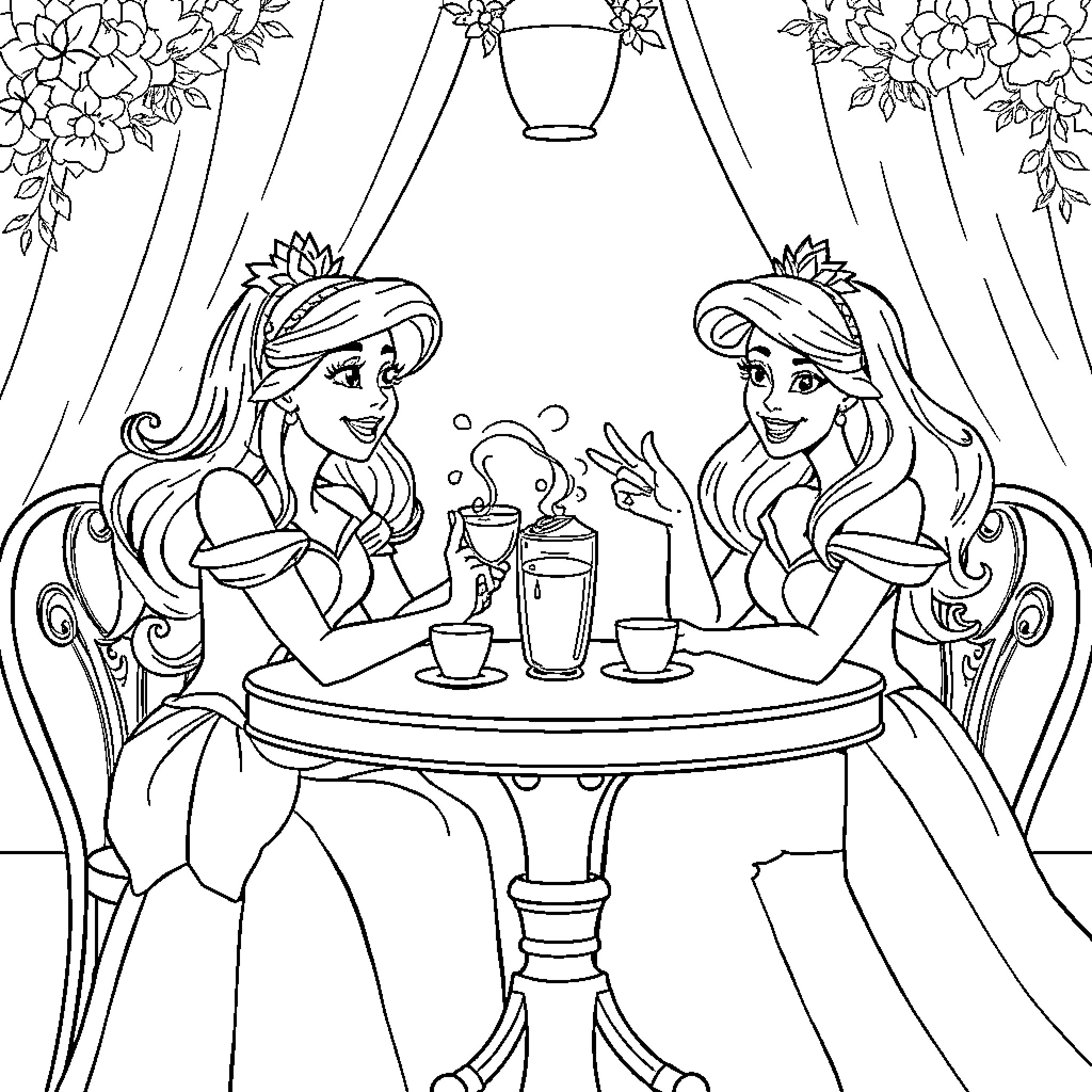 Disney Princess enjoying tea party in garden Coloring Page (free black-and-white line drawing printable PDF for all, from beginners to advanced learners, including children, teens, adults, and seniors)