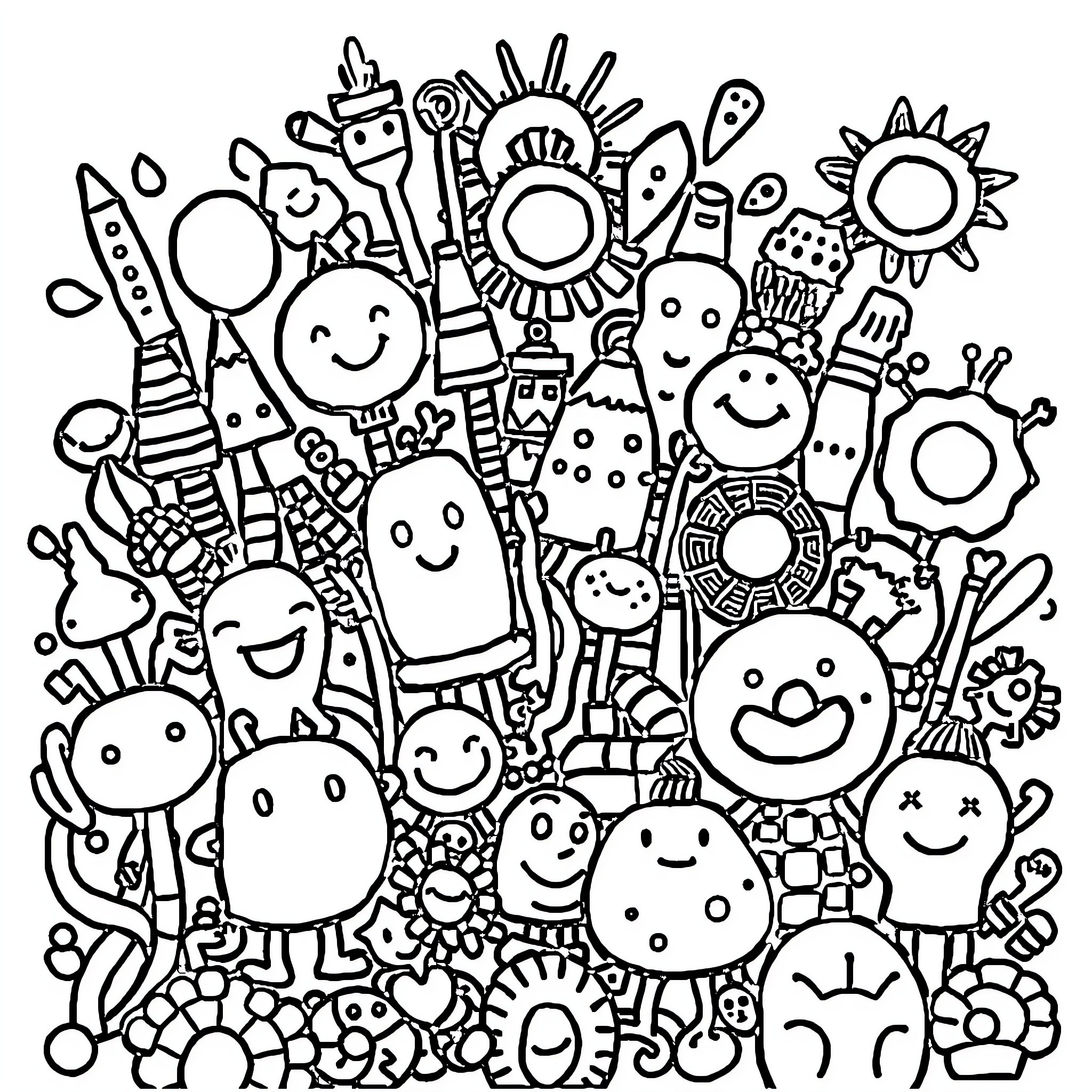 Doodle Cheerful Cartoon Characters in Lively Scene Coloring Page (free black-and-white line drawing printable PDF for all, from beginners to advanced learners, including children, teens, adults, and seniors)