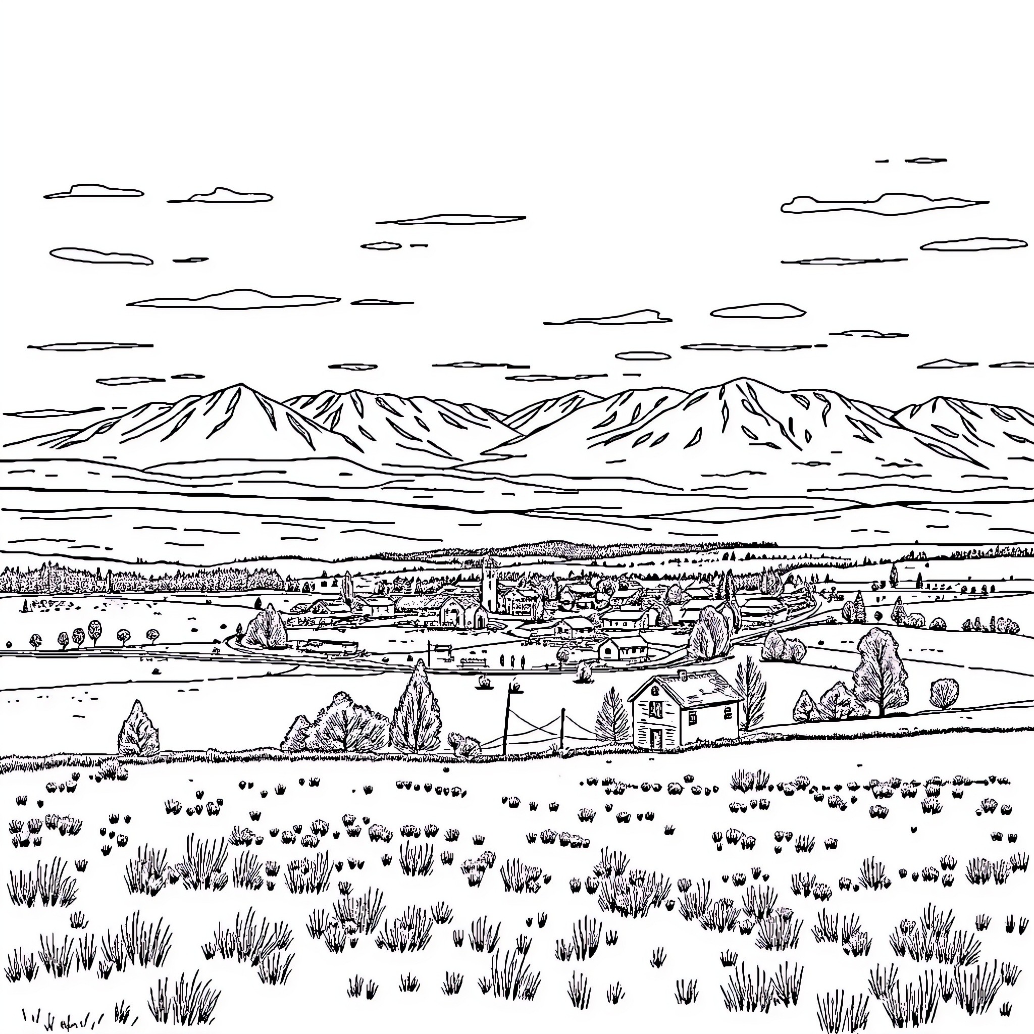 Fairfield Landscape with Mountain Scenery and Small Town Coloring Page (free black-and-white line drawing printable PDF for all, from beginners to advanced learners, including children, teens, adults, and seniors)