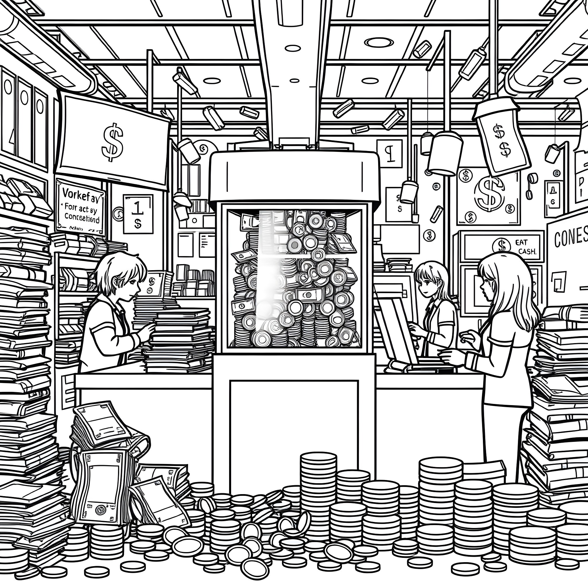 Cash Generator: Busy Retail Store Scene Coloring Page (free black-and-white line drawing printable PDF for all, from beginners to advanced learners, including children, teens, adults, and seniors)