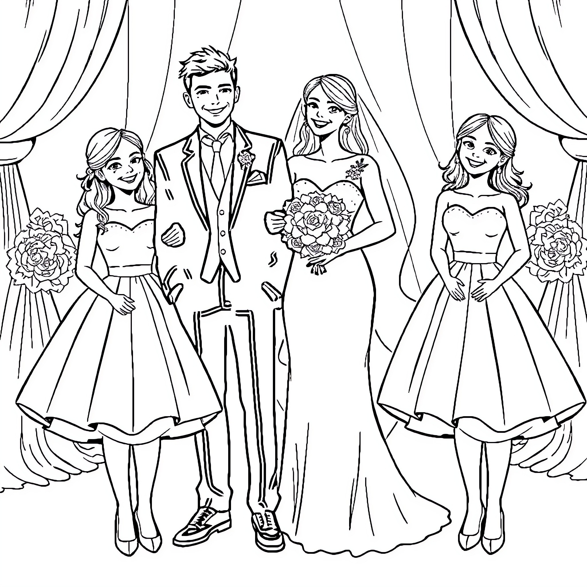 Wedding Celebration with Joyous Couple and Bridesmaids Coloring Page (free black-and-white line drawing printable PDF for all, from beginners to advanced learners, including children, teens, adults, and seniors)