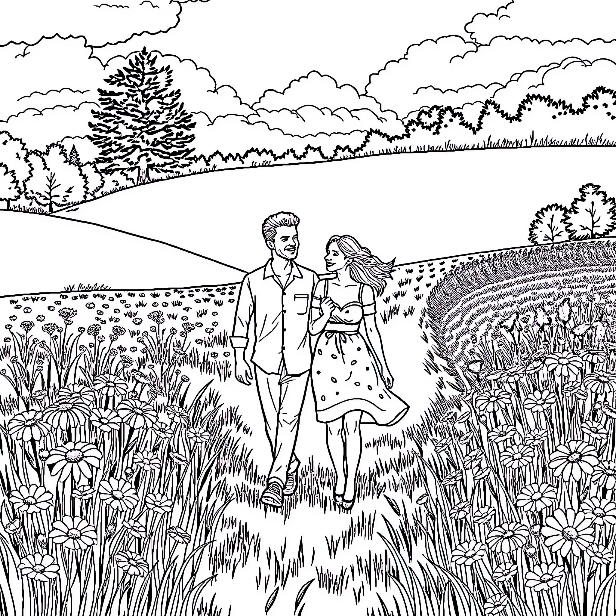 Couple enjoying a peaceful stroll in nature Coloring Page (free black-and-white line drawing printable PDF for all, from beginners to advanced learners, including children, teens, adults, and seniors)