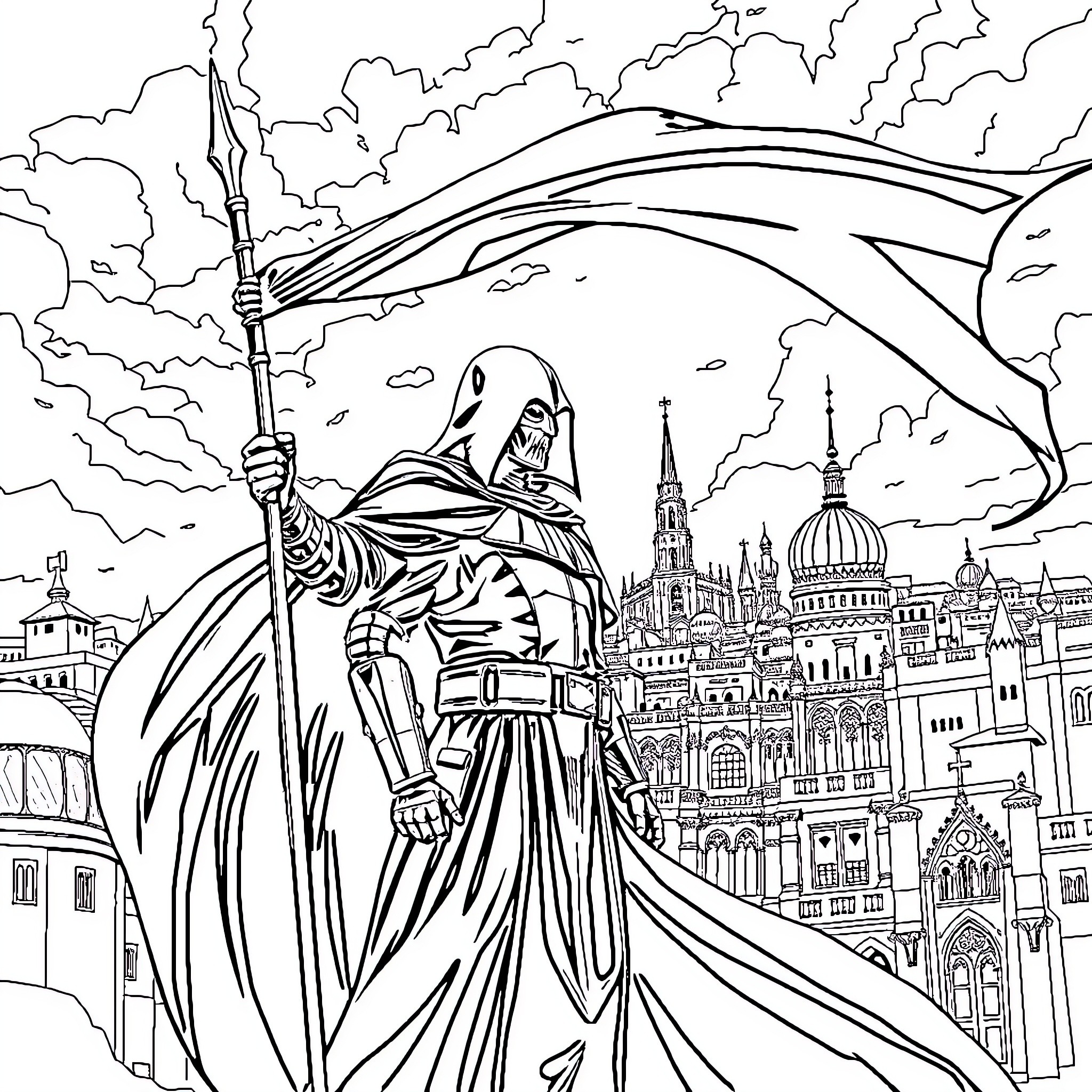 Darth Vader looming over a city skyline Coloring Page (free black-and-white line drawing printable PDF for all, from beginners to advanced learners, including children, teens, adults, and seniors)