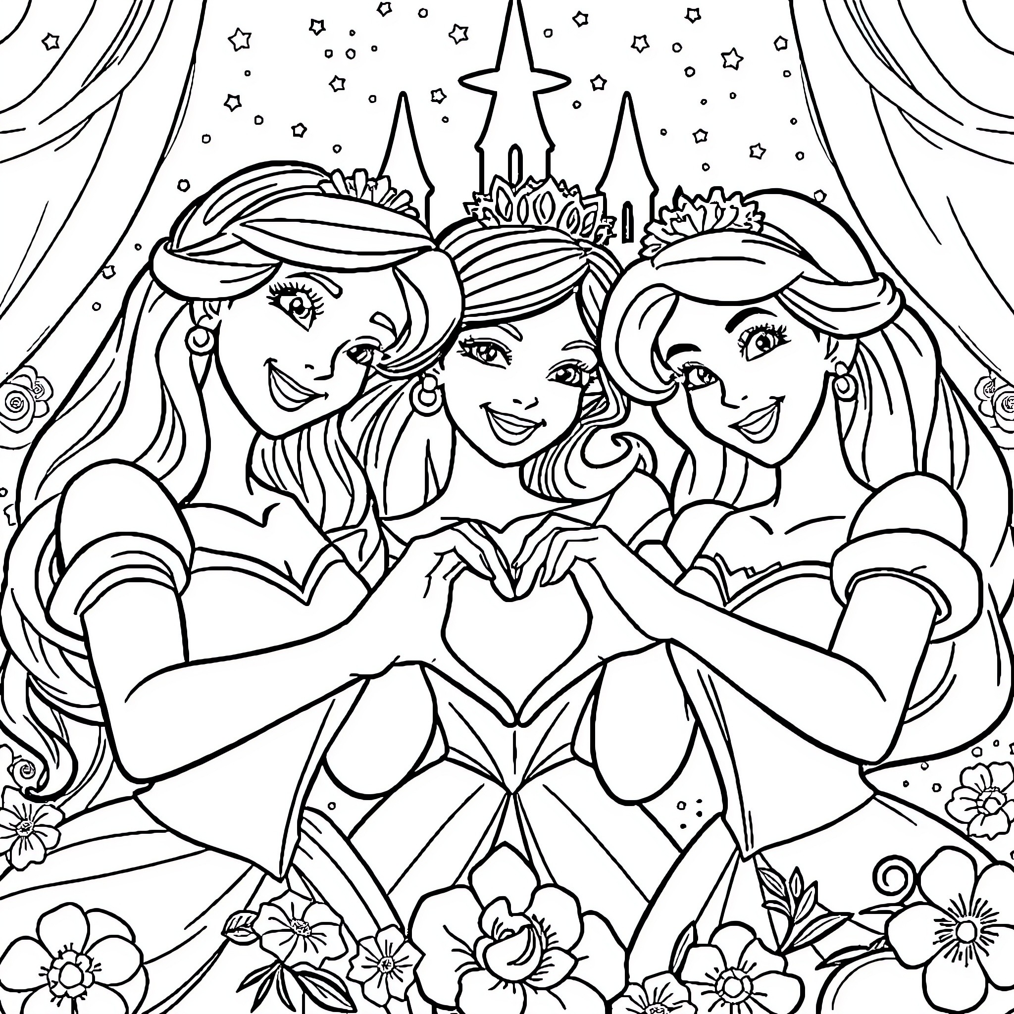Disney Princess Trio in Elegant Attire and Starry Backdrop Coloring Page (free black-and-white line drawing printable PDF for all, from beginners to advanced learners, including children, teens, adults, and seniors)
