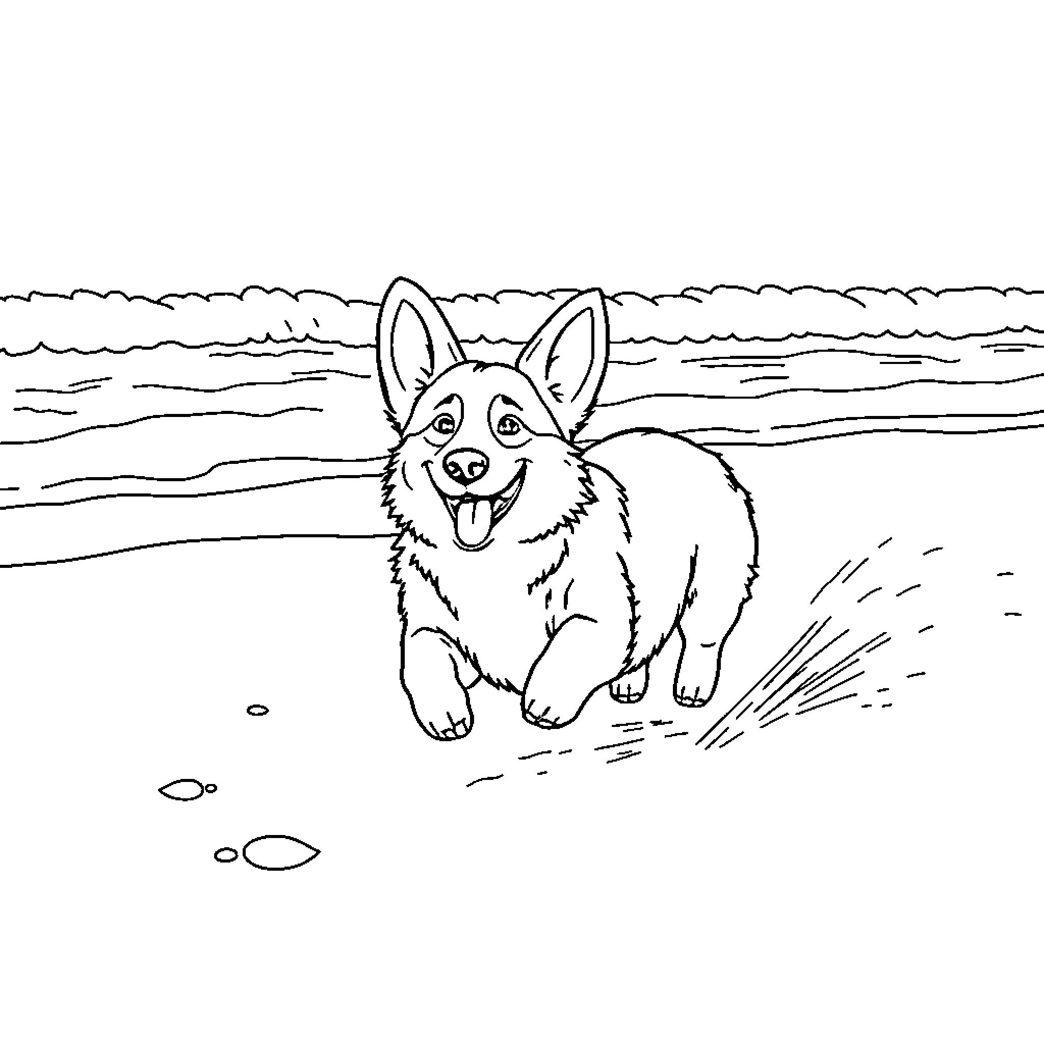 Corgi playing happily on the beach Coloring Page (free black-and-white line drawing printable PDF for all, from beginners to advanced learners, including children, teens, adults, and seniors)