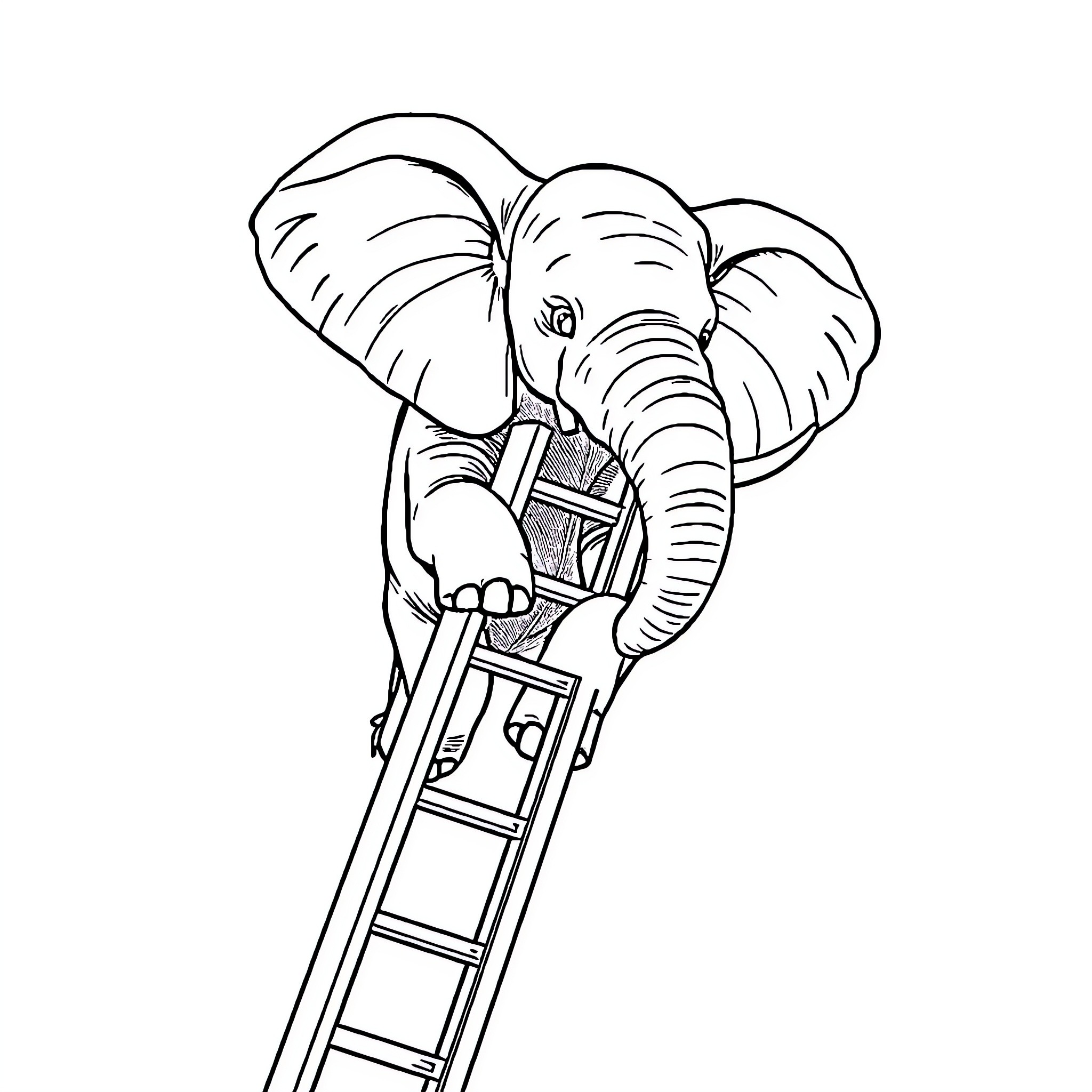Elephant climbing up a ladder Coloring Page (free black-and-white line drawing printable PDF for all, from beginners to advanced learners, including children, teens, adults, and seniors)