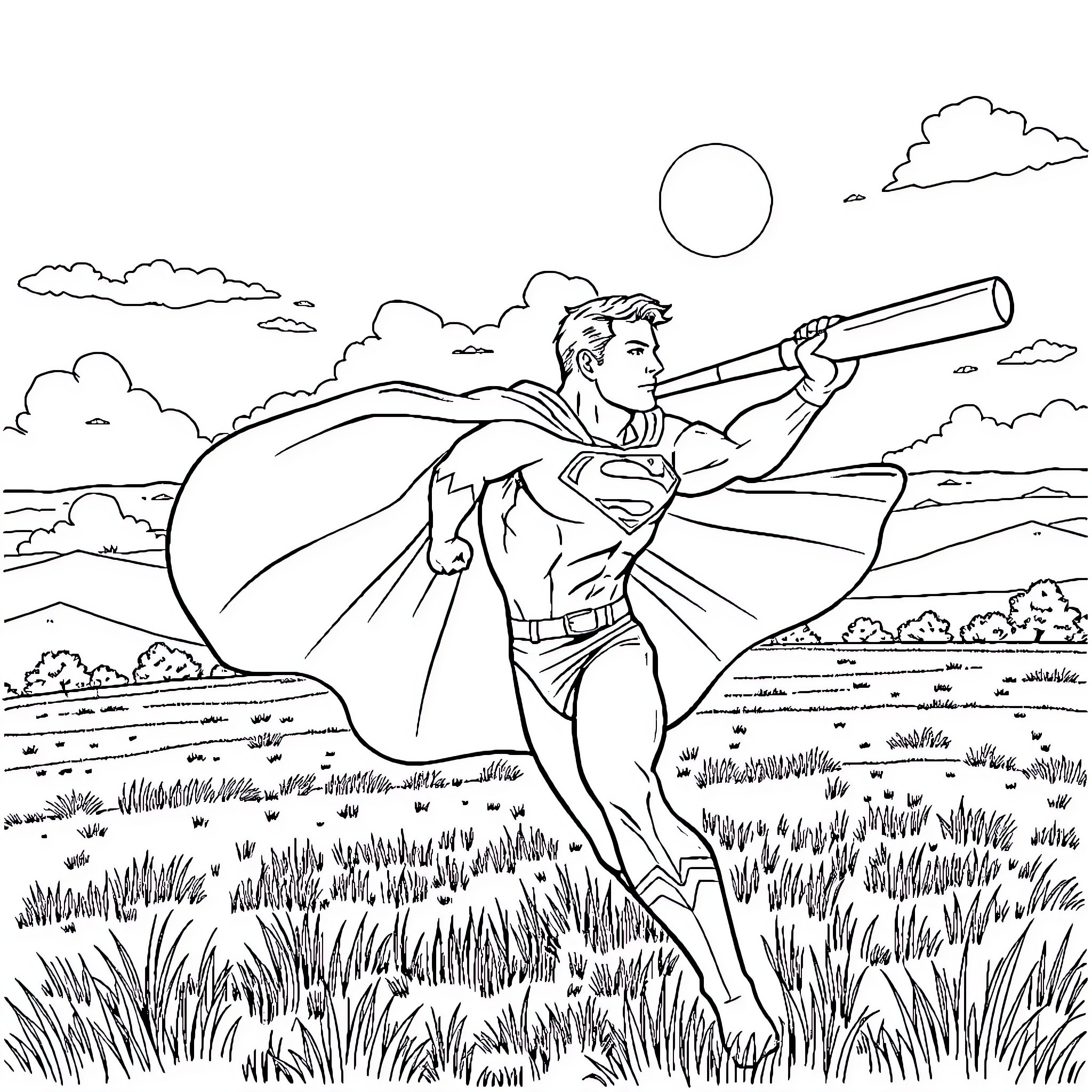 Superman soaring with telescope in countryside Coloring Page (free black-and-white line drawing printable PDF for all, from beginners to advanced learners, including children, teens, adults, and seniors)