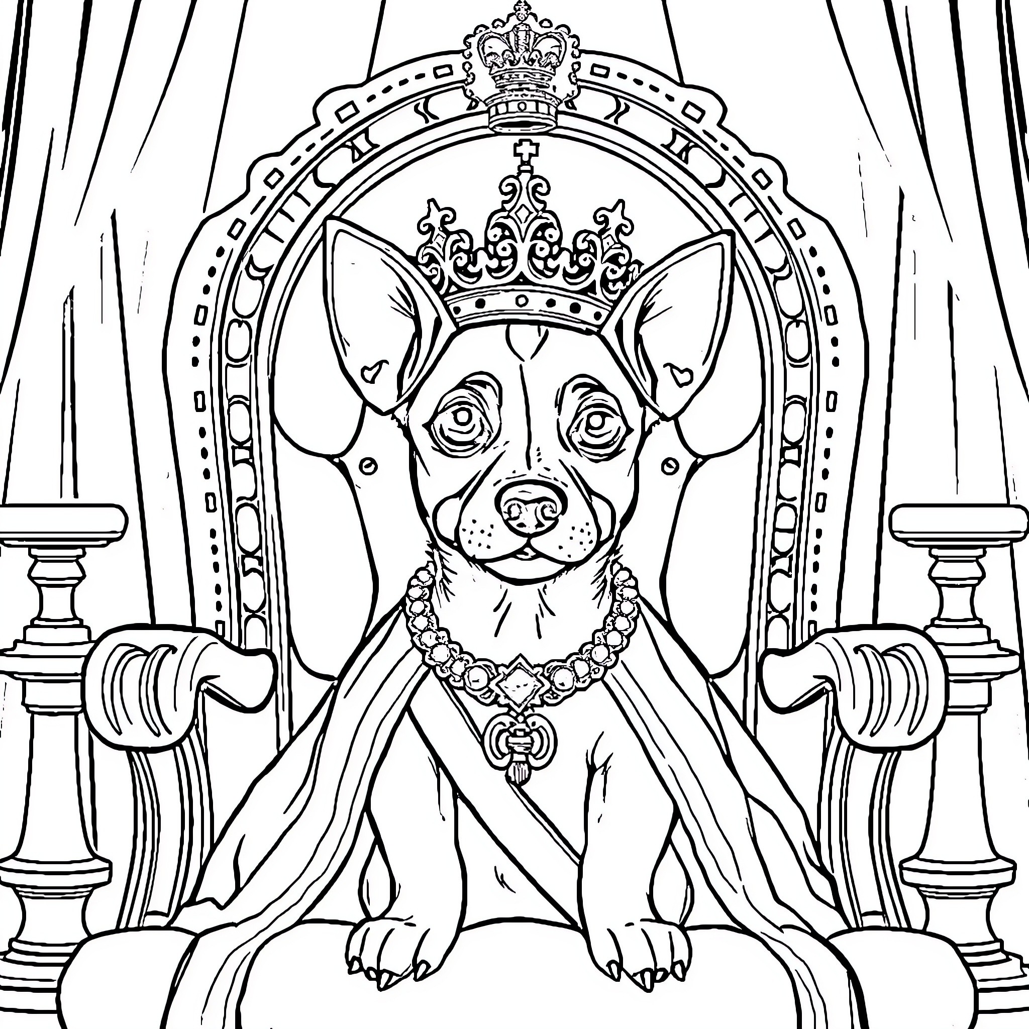 Jack Russell Dog Wearing a Crown in a Regal Setting Coloring Page (free black-and-white line drawing printable PDF for all, from beginners to advanced learners, including children, teens, adults, and seniors)