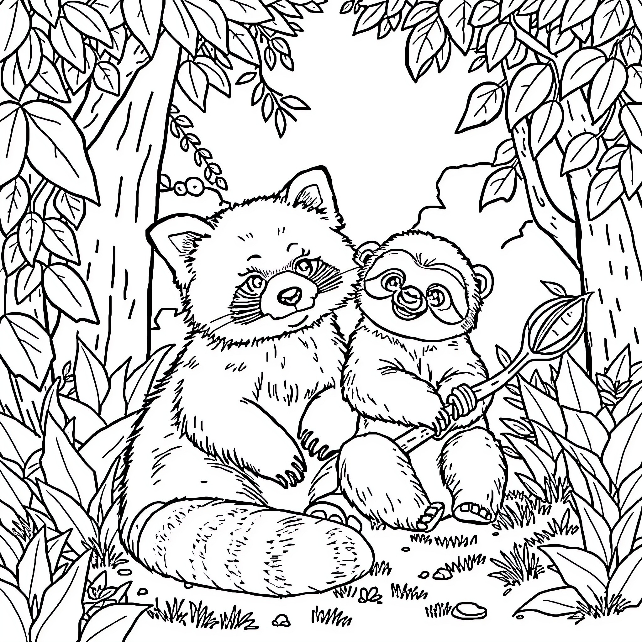 Red Panda Playing with Sloth in Lush Forest Coloring Page (free black-and-white line drawing printable PDF for all, from beginners to advanced learners, including children, teens, adults, and seniors)