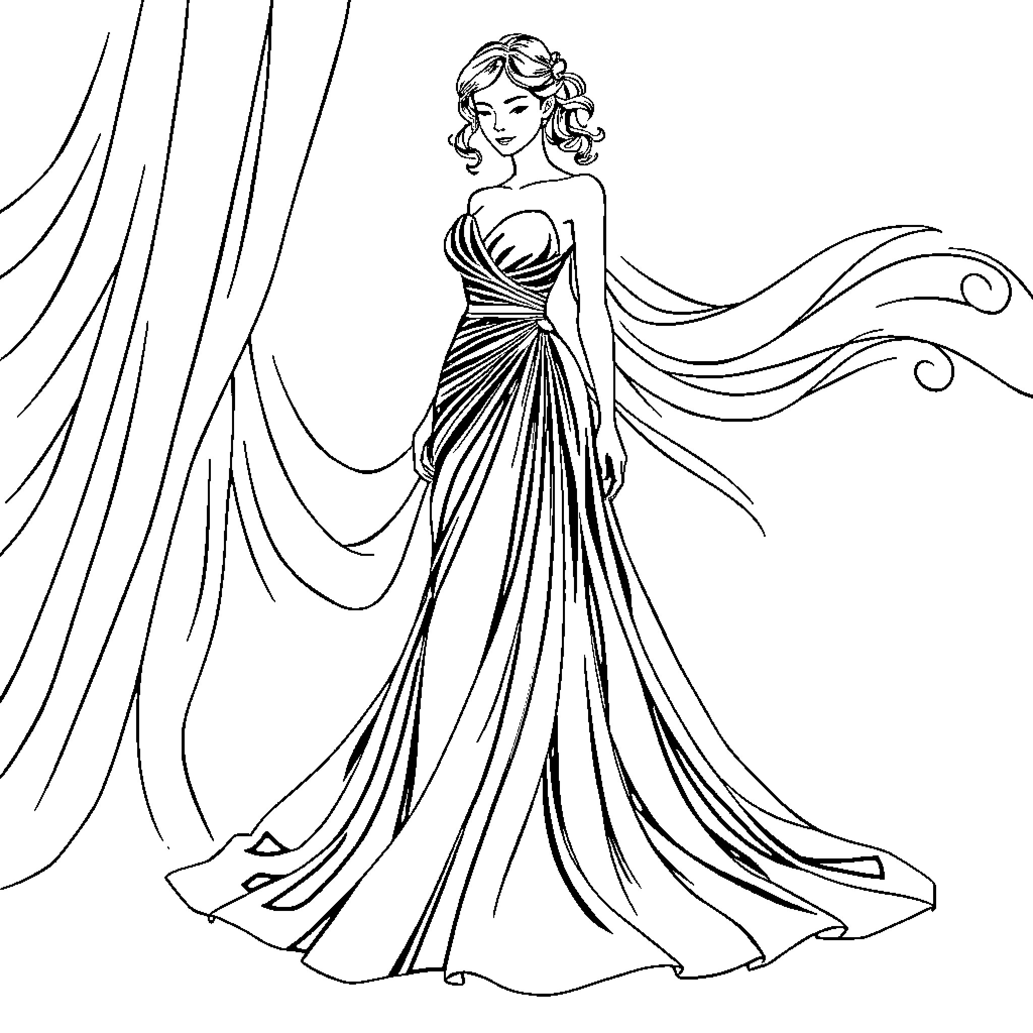 Evening Gown: Elegant Woman in Flowing Dress Coloring Page (free black-and-white line drawing printable PDF for all, from beginners to advanced learners, including children, teens, adults, and seniors)