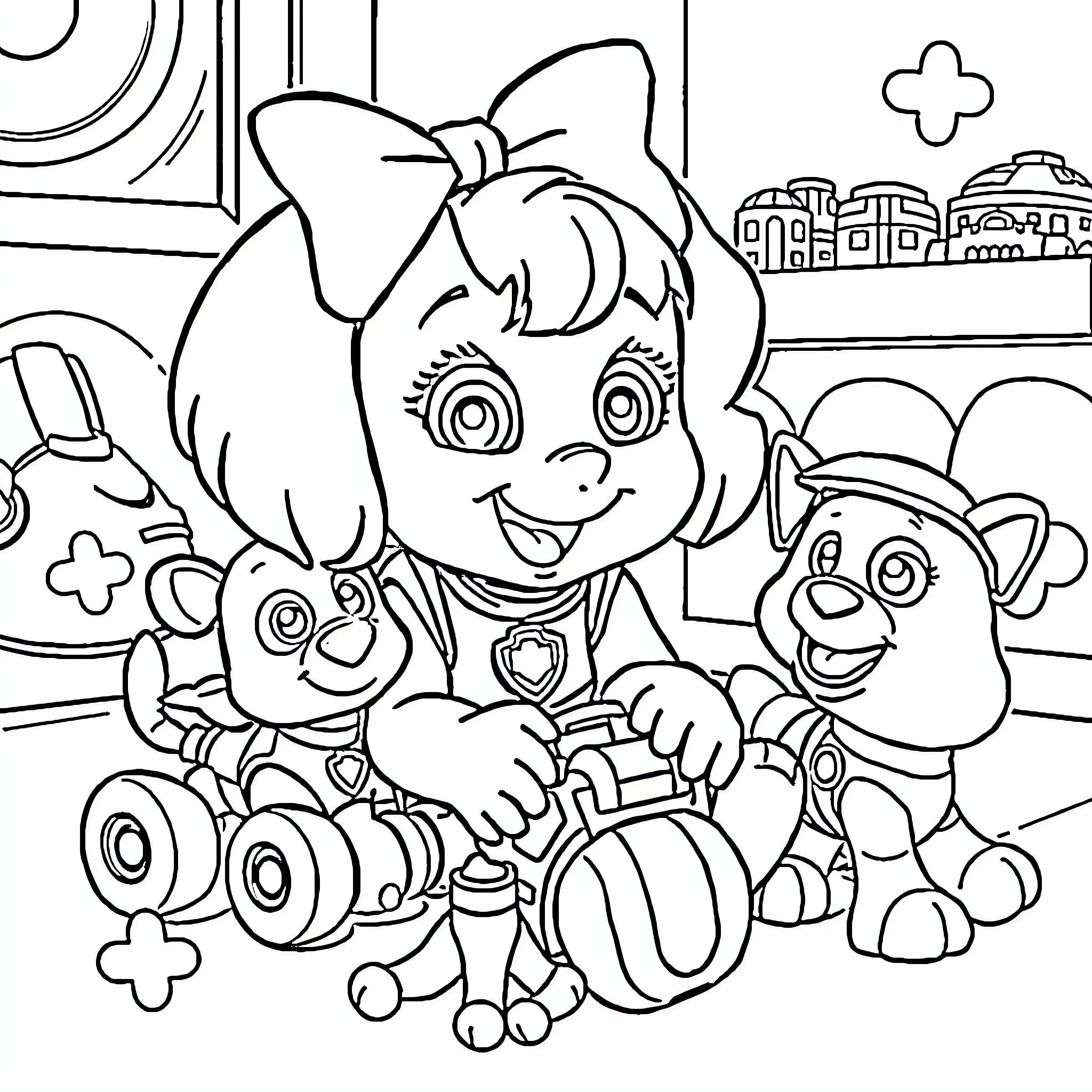 Winnie and her toy companions explore the city Coloring Page (free black-and-white line drawing printable PDF for all, from beginners to advanced learners, including children, teens, adults, and seniors)