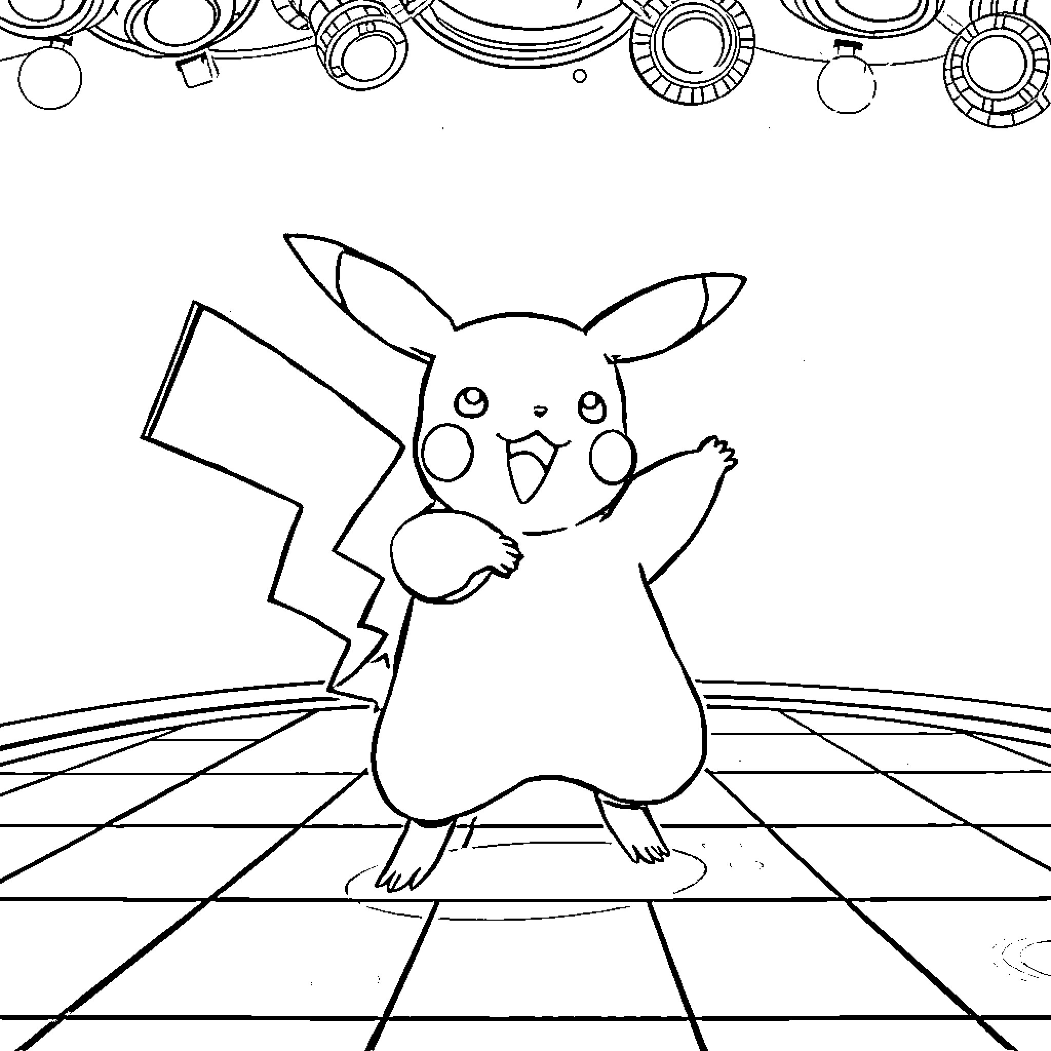 Pikachu playing joyfully on a grid backdrop Coloring Page (free black-and-white line drawing printable PDF for all, from beginners to advanced learners, including children, teens, adults, and seniors)