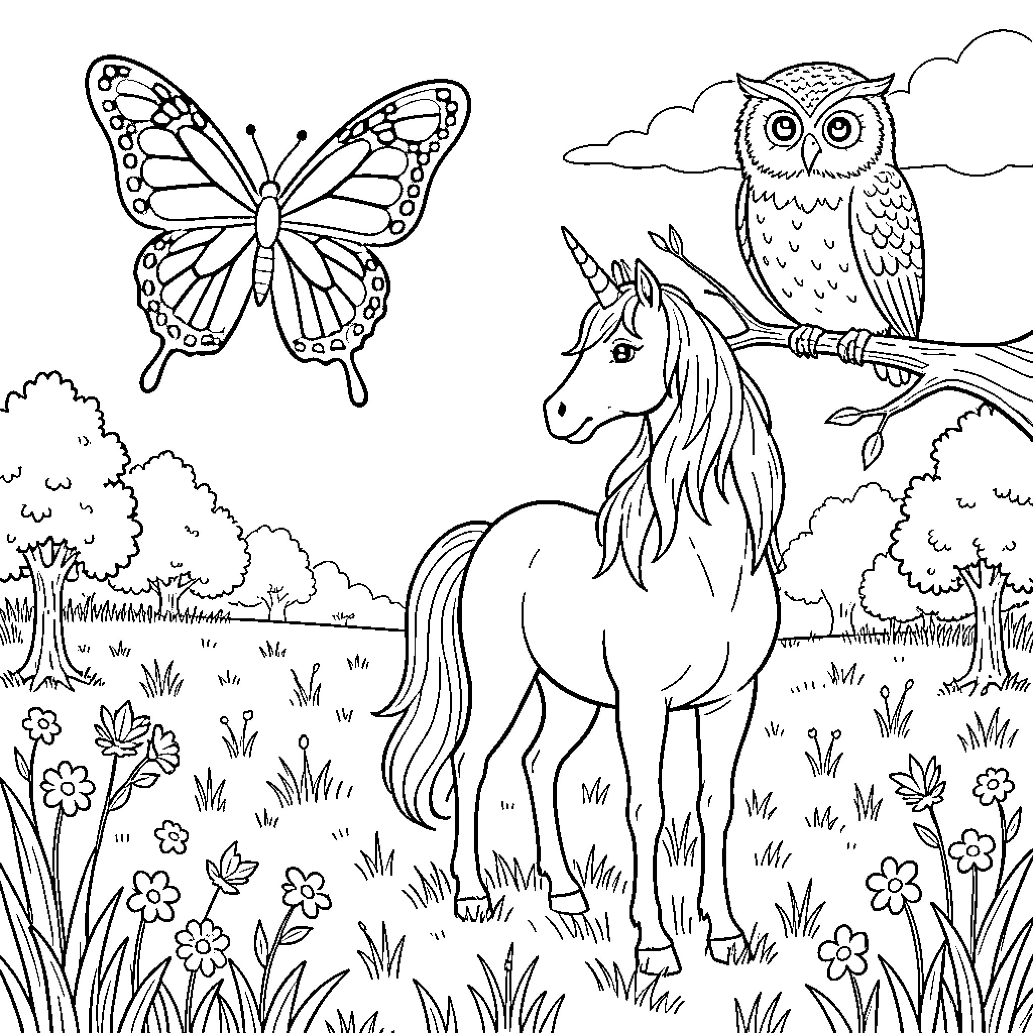 Butterfly, unicorn, and owl in enchanted forest Coloring Page (free black-and-white line drawing printable PDF for all, from beginners to advanced learners, including children, teens, adults, and seniors)