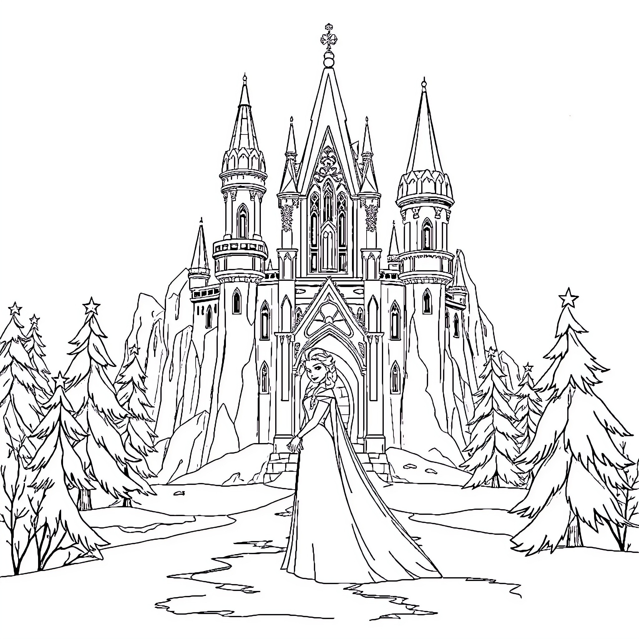 Elsa in a Magical Winter Castle Coloring Page (free black-and-white line drawing printable PDF for all, from beginners to advanced learners, including children, teens, adults, and seniors)