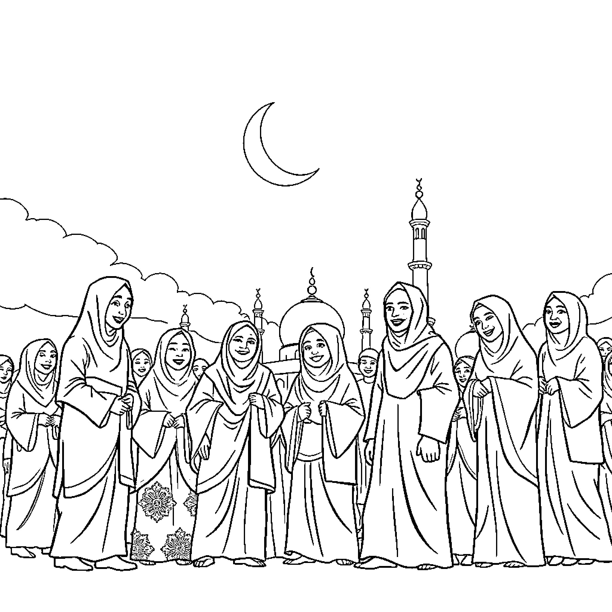 Muslim women gathering at the mosque under the crescent moon Coloring Page (free black-and-white line drawing printable PDF for all, from beginners to advanced learners, including children, teens, adults, and seniors)