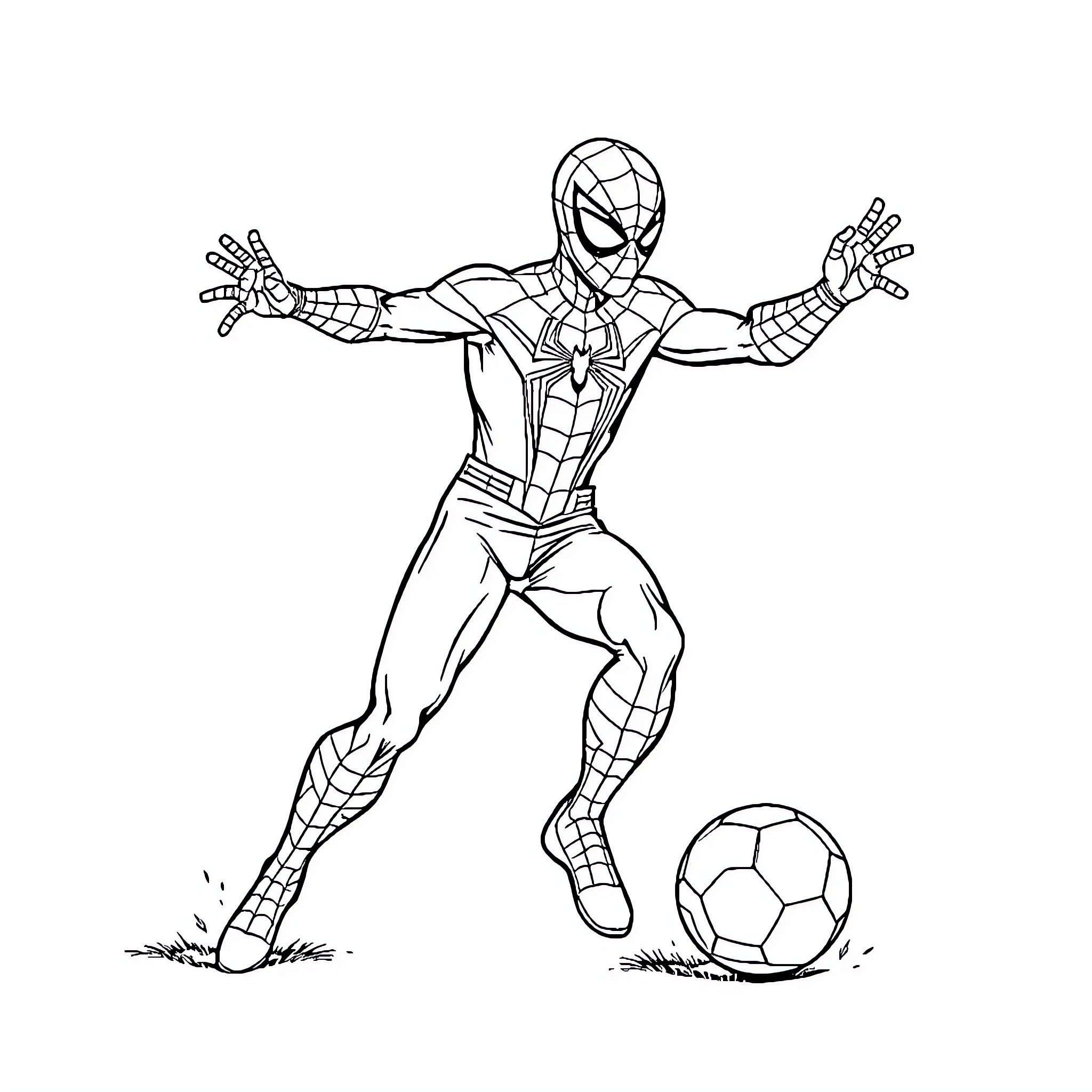Spiderman playing with soccer ball Coloring Page (free black-and-white line drawing printable PDF for all, from beginners to advanced learners, including children, teens, adults, and seniors)