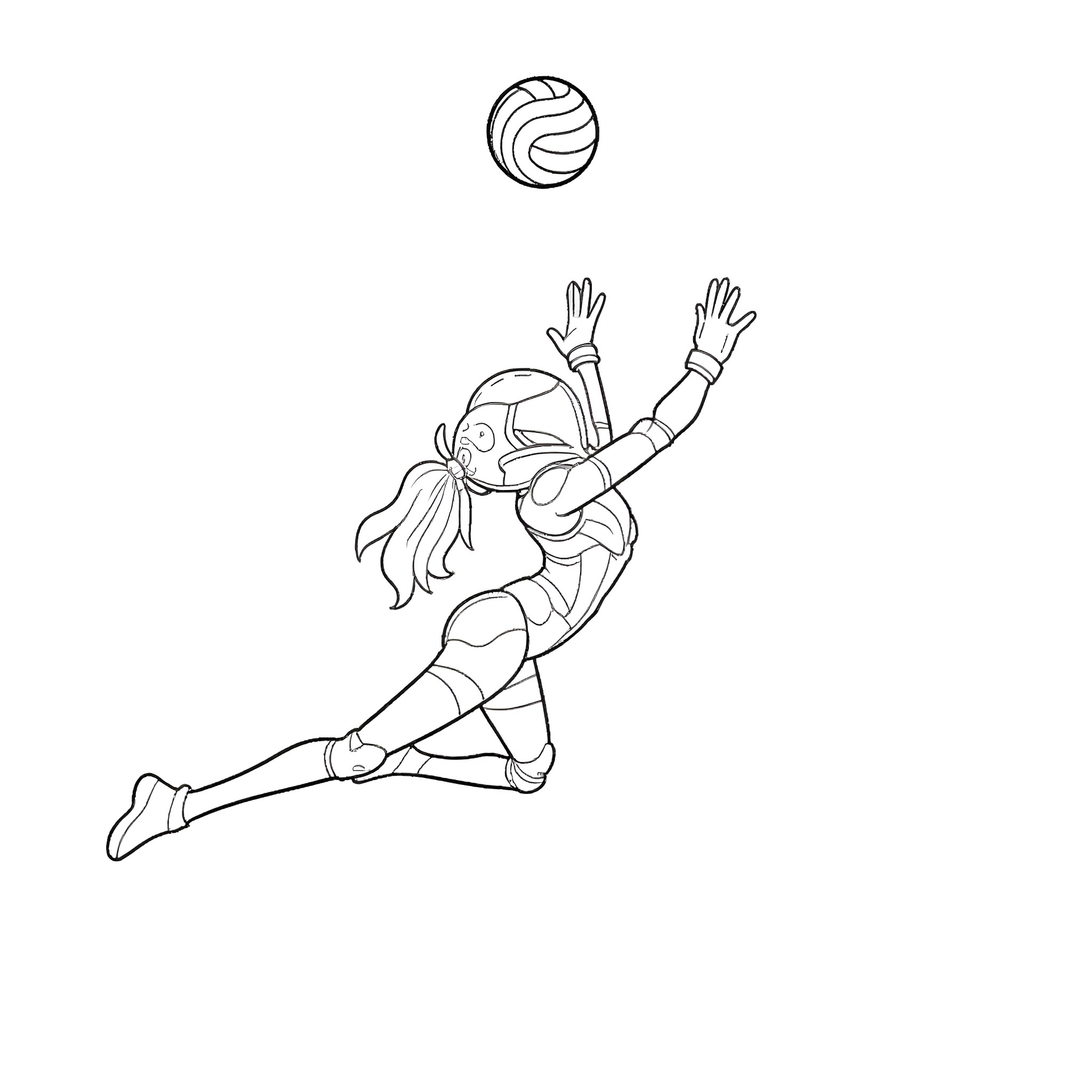 Samus leaping to spike the volleyball Coloring Page (free black-and-white line drawing printable PDF for all, from beginners to advanced learners, including children, teens, adults, and seniors)