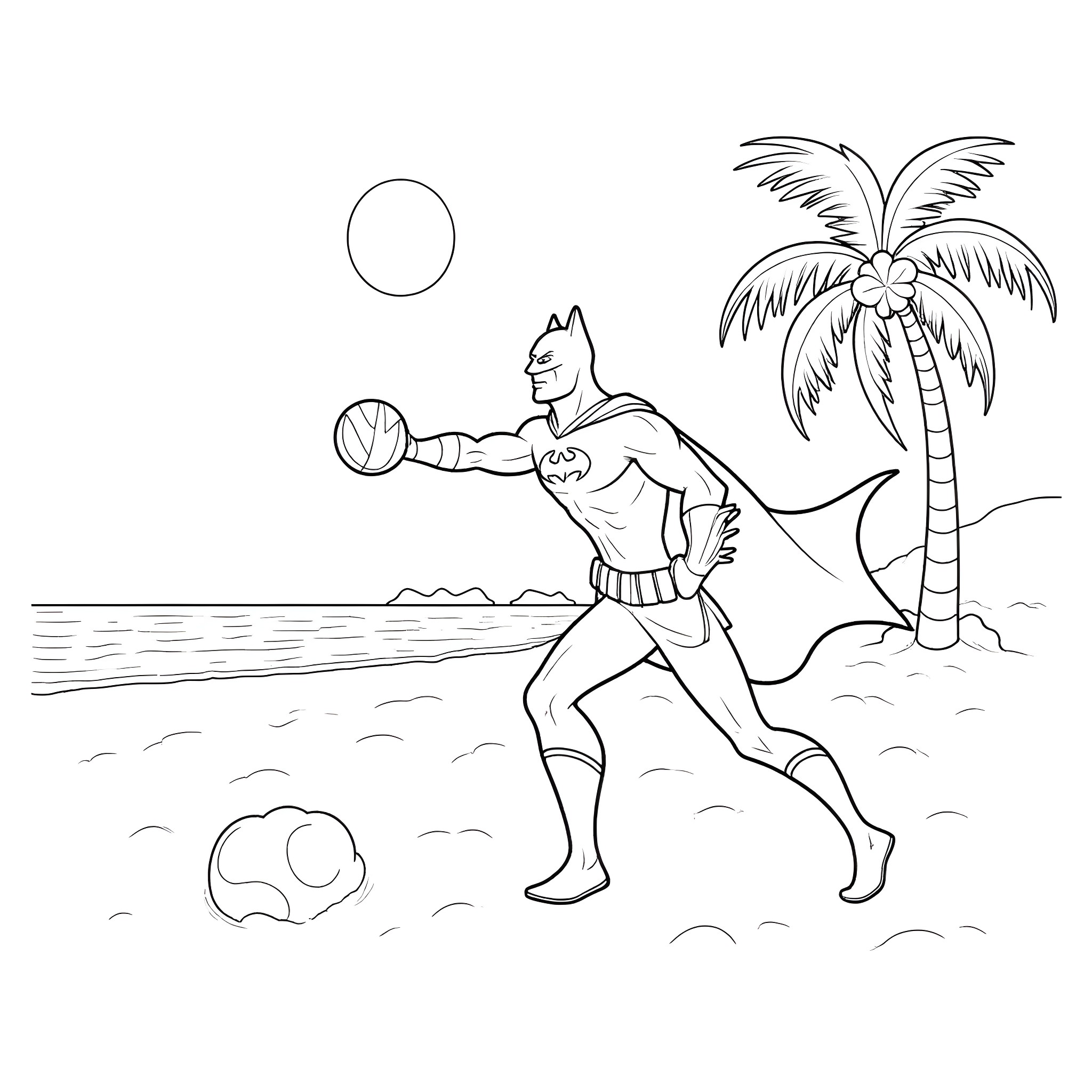 Batman on a tropical beach Coloring Page (free black-and-white line drawing printable PDF for all, from beginners to advanced learners, including children, teens, adults, and seniors)