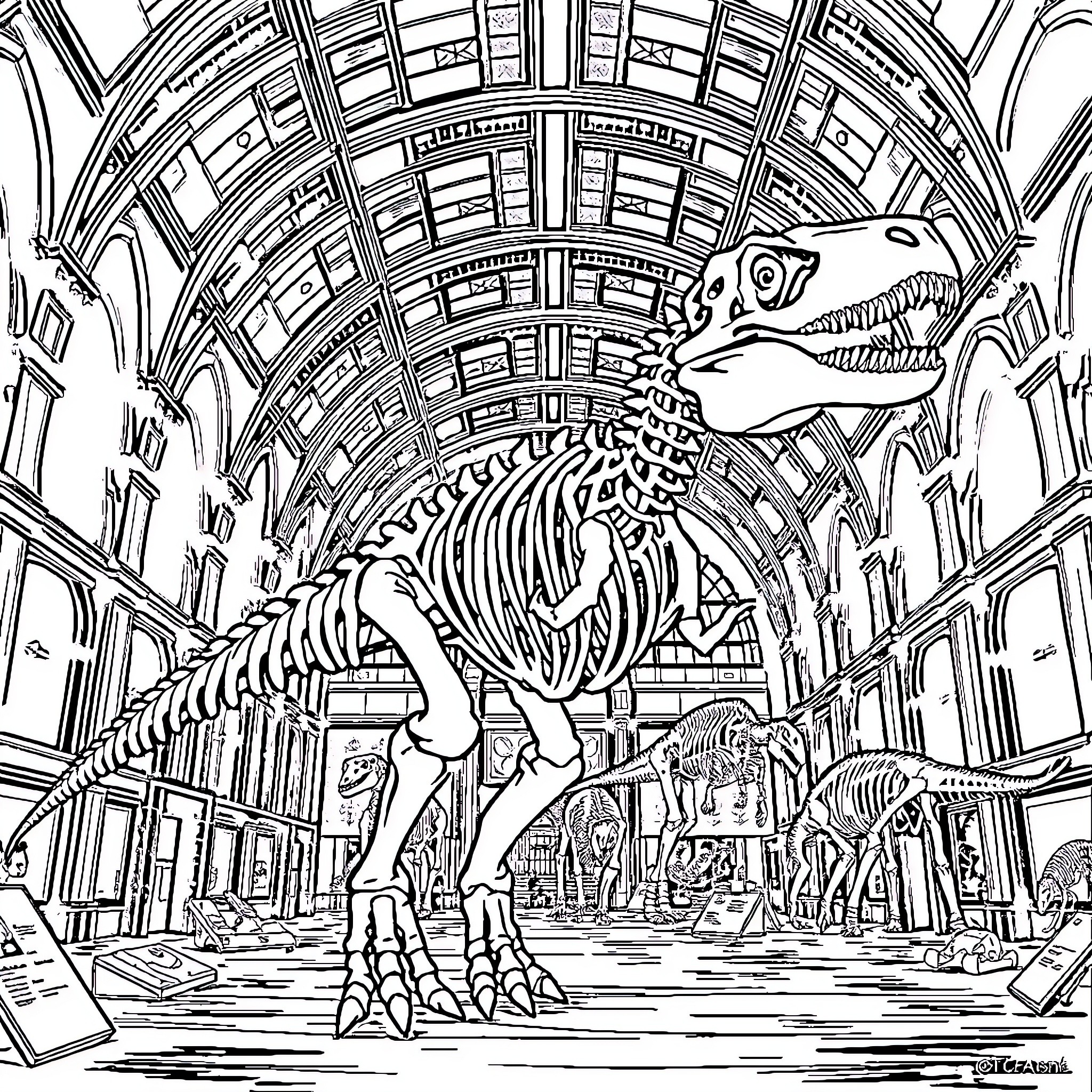 Dinosaur skeleton on display in a museum Coloring Page (free black-and-white line drawing printable PDF for all, from beginners to advanced learners, including children, teens, adults, and seniors)