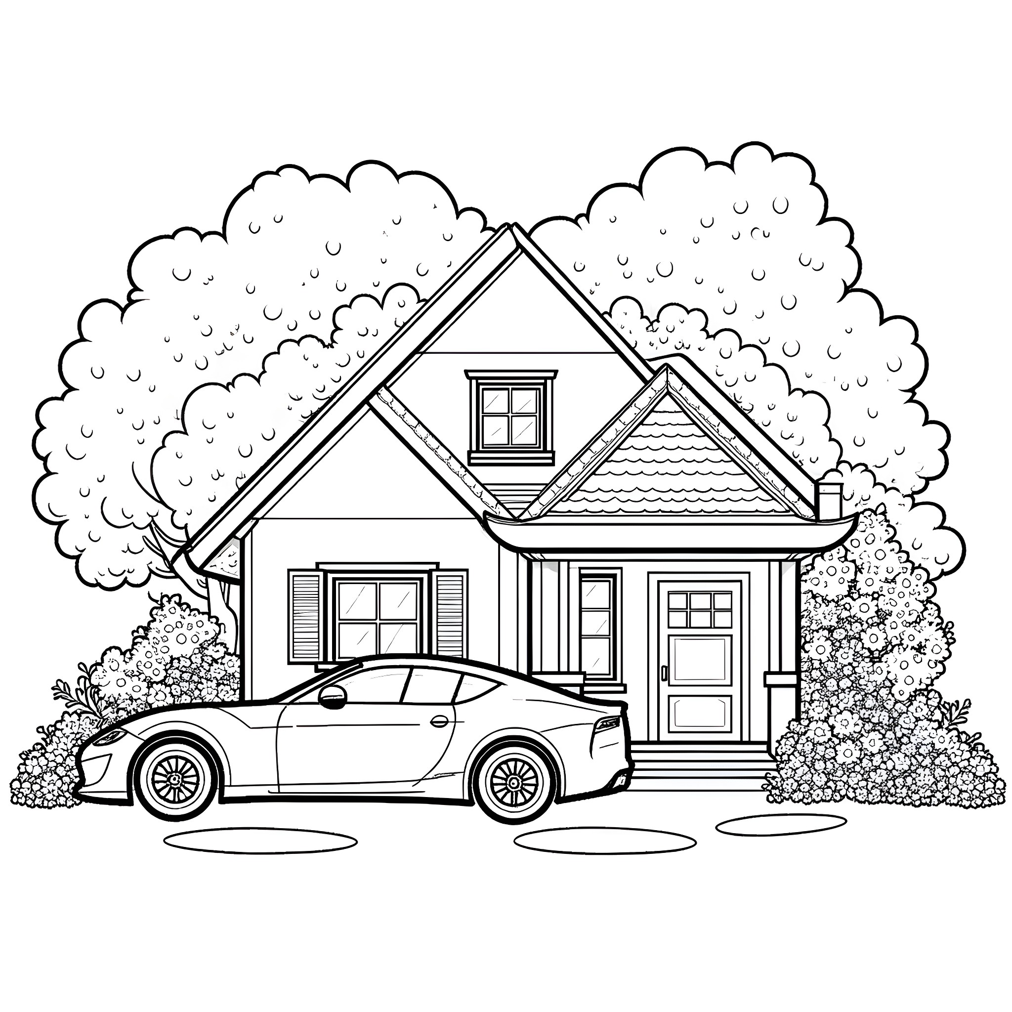 House with car parked in the driveway Coloring Page (free black-and-white line drawing printable PDF for all, from beginners to advanced learners, including children, teens, adults, and seniors)