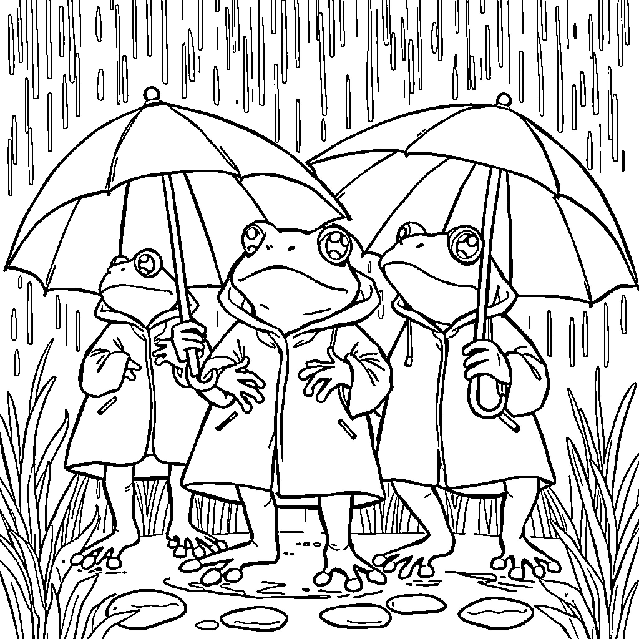 Frogs walking in the rain under umbrellas Coloring Page (free black-and-white line drawing printable PDF for all, from beginners to advanced learners, including children, teens, adults, and seniors)