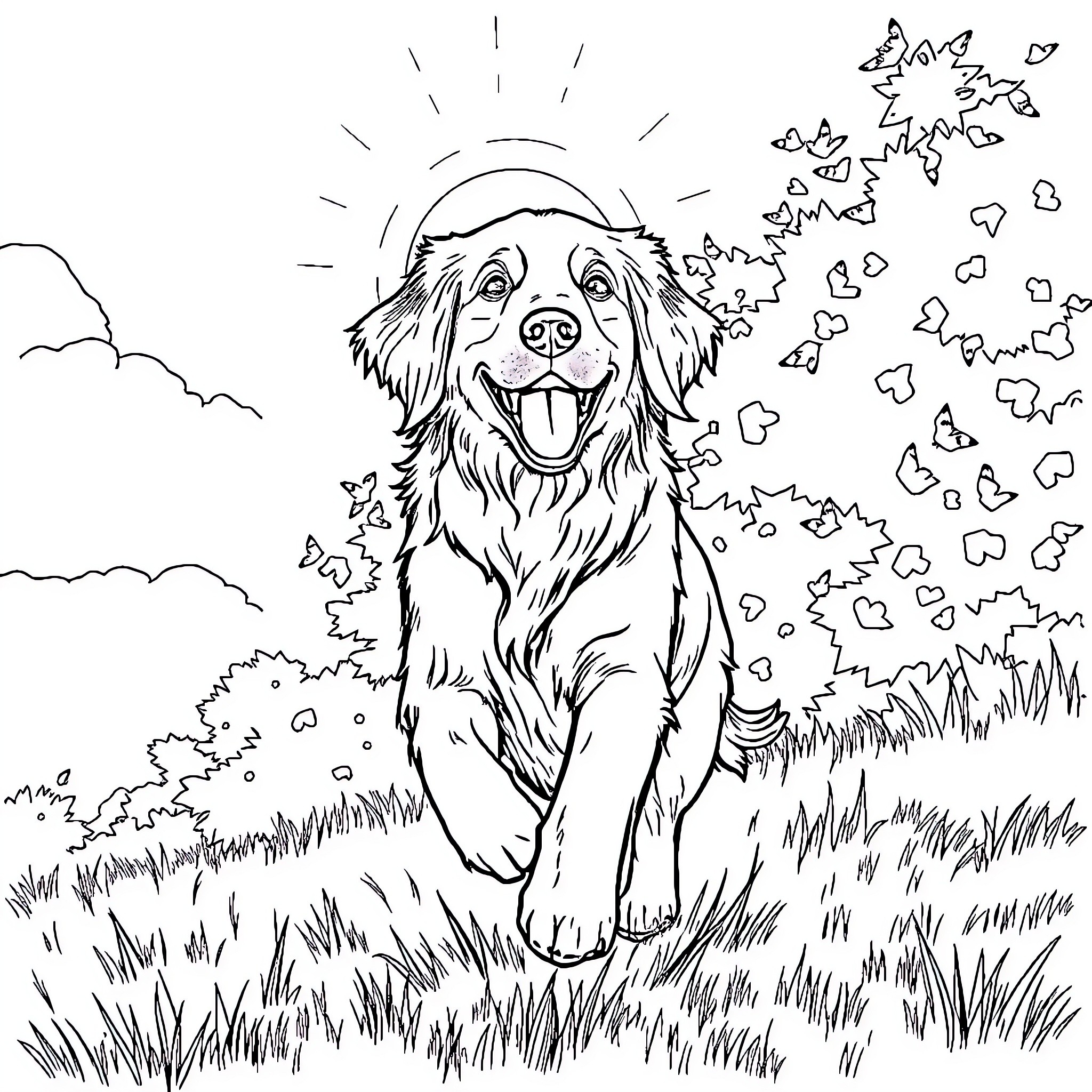 Golden Retriever enjoying playful leaves in the field Coloring Page (free black-and-white line drawing printable PDF for all, from beginners to advanced learners, including children, teens, adults, and seniors)