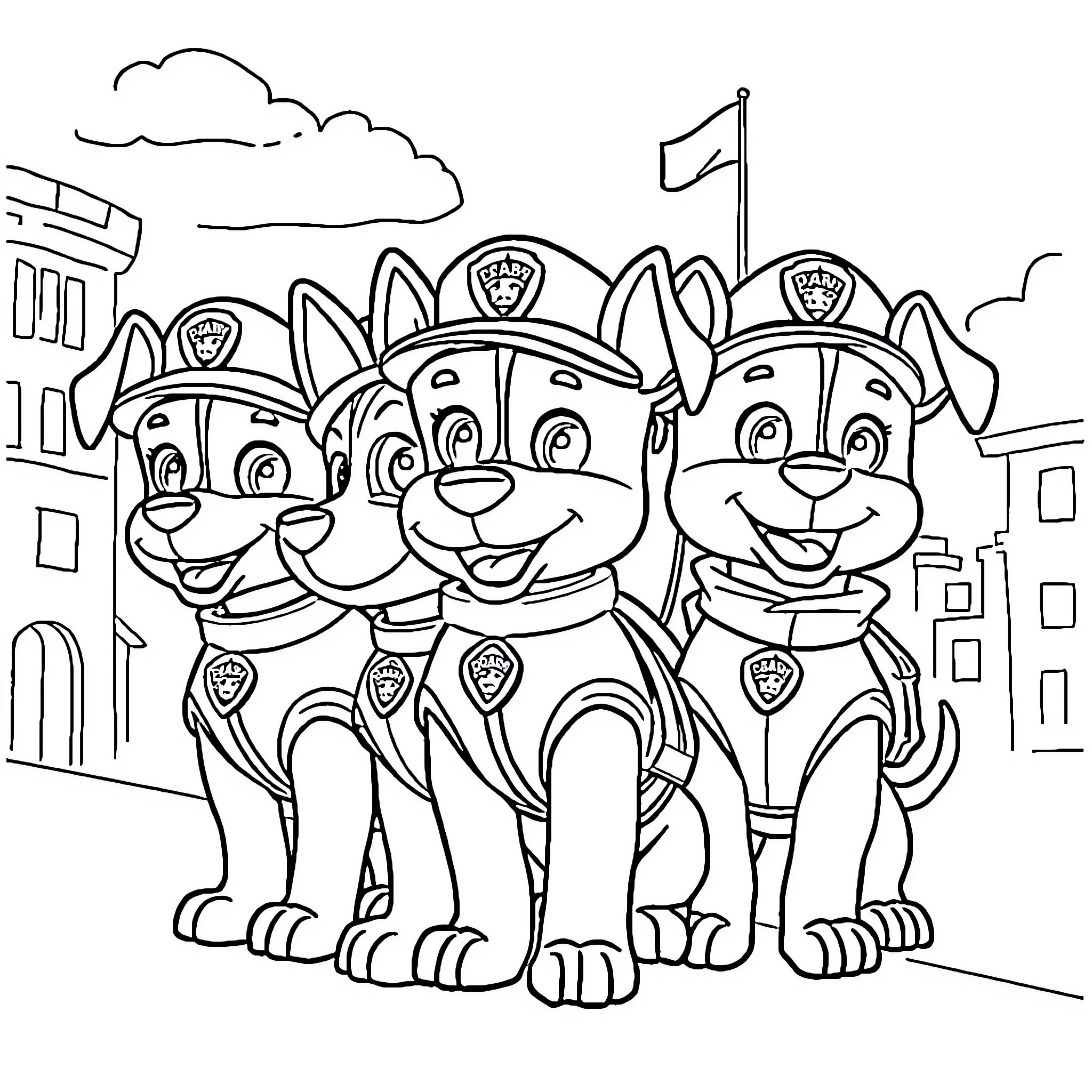Paw Patrol team working together on a mission Coloring Page (free black-and-white line drawing printable PDF for all, from beginners to advanced learners, including children, teens, adults, and seniors)