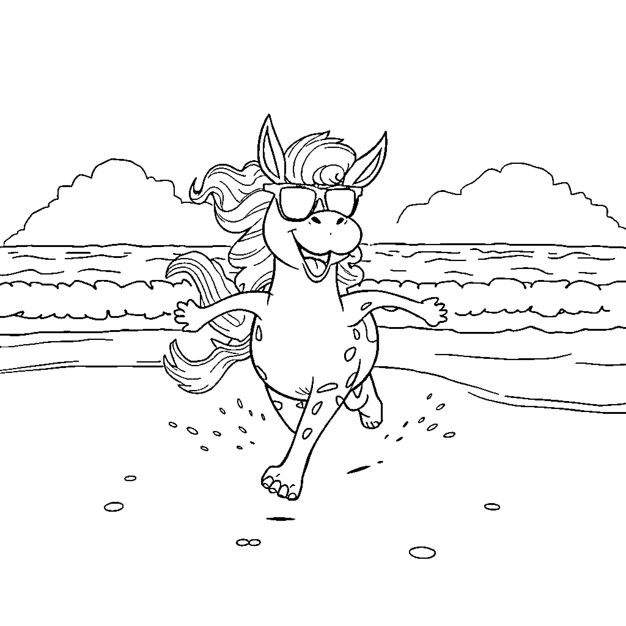 Tralalero Unicorn Frolicking on the Beach Coloring Page (free black-and-white line drawing printable PDF for all, from beginners to advanced learners, including children, teens, adults, and seniors)