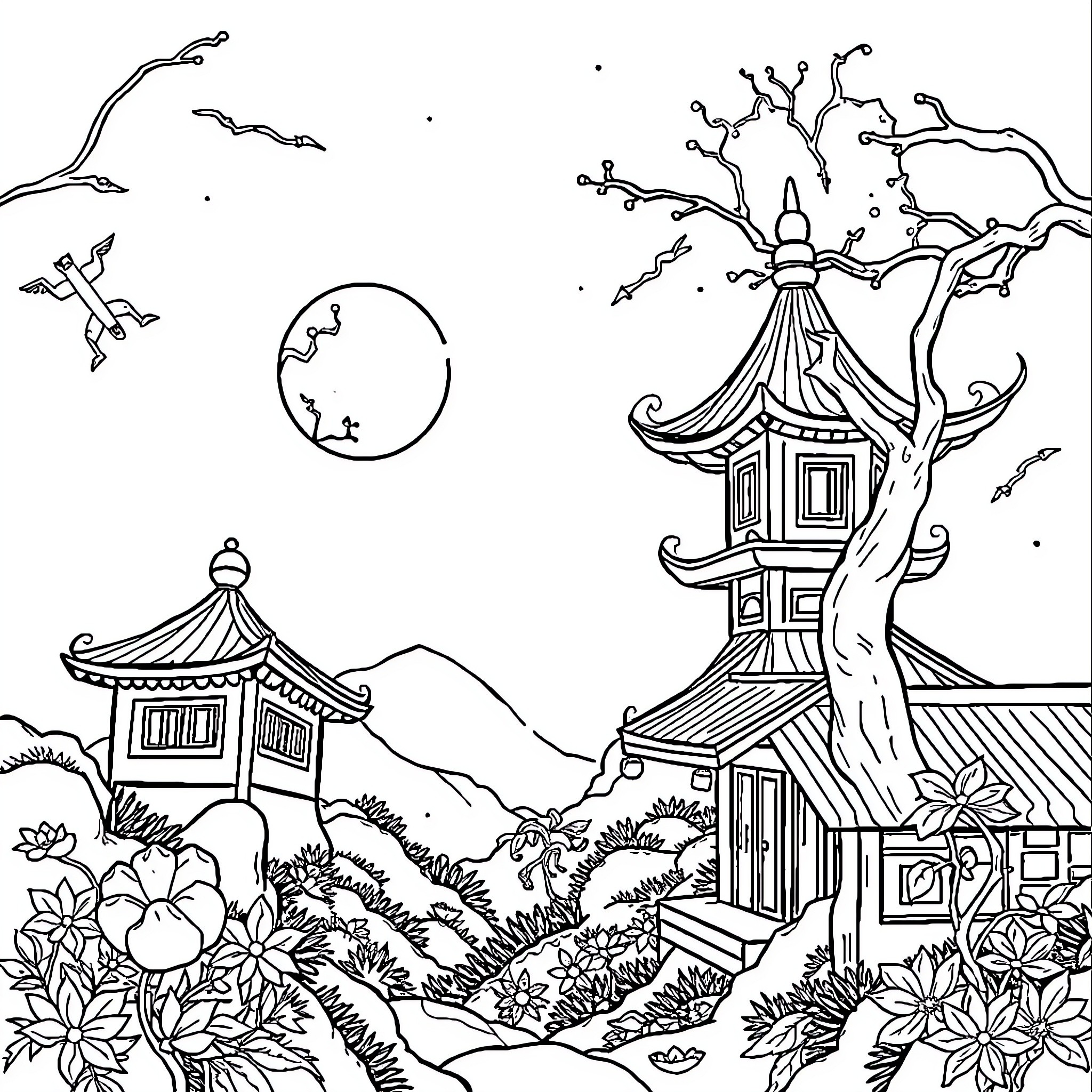 Scarf Monster explores the whimsical Asian-inspired landscape Coloring Page (free black-and-white line drawing printable PDF for all, from beginners to advanced learners, including children, teens, adults, and seniors)