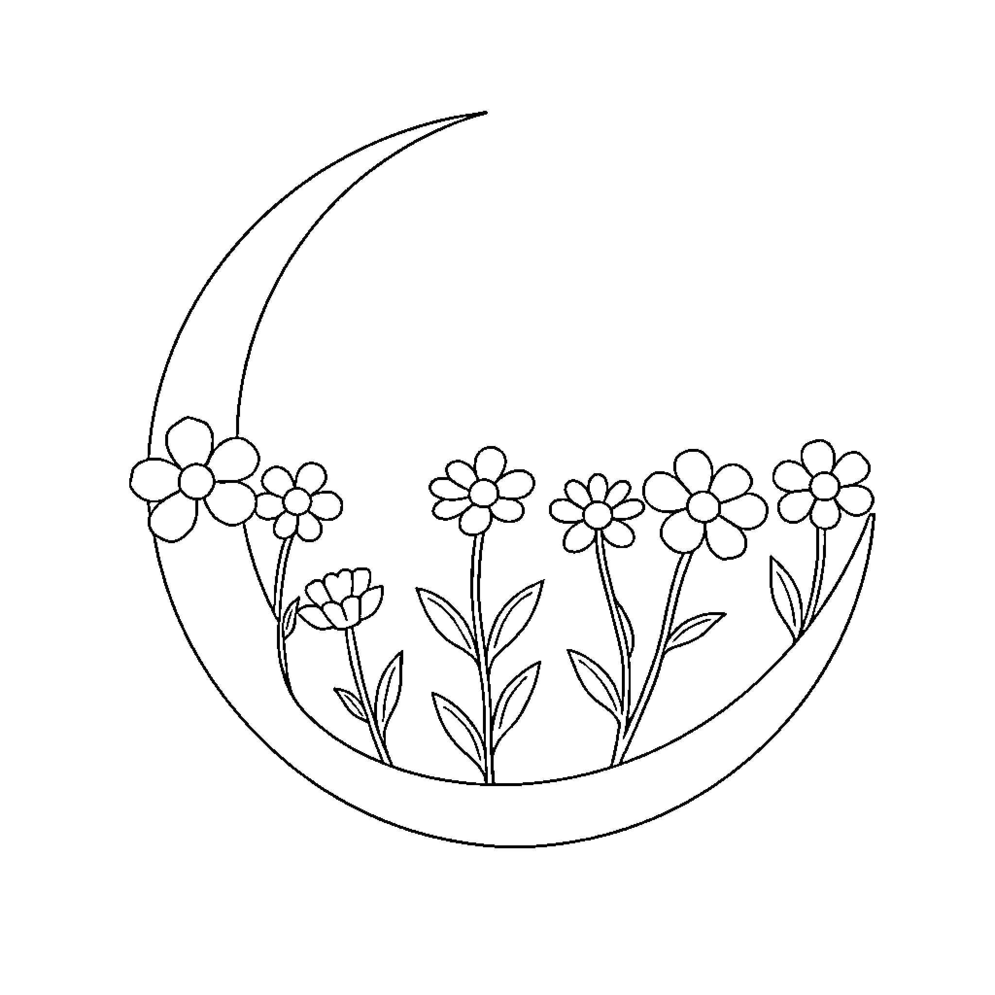 Flower garden under the crescent moon Coloring Page (free black-and-white line drawing printable PDF for all, from beginners to advanced learners, including children, teens, adults, and seniors)