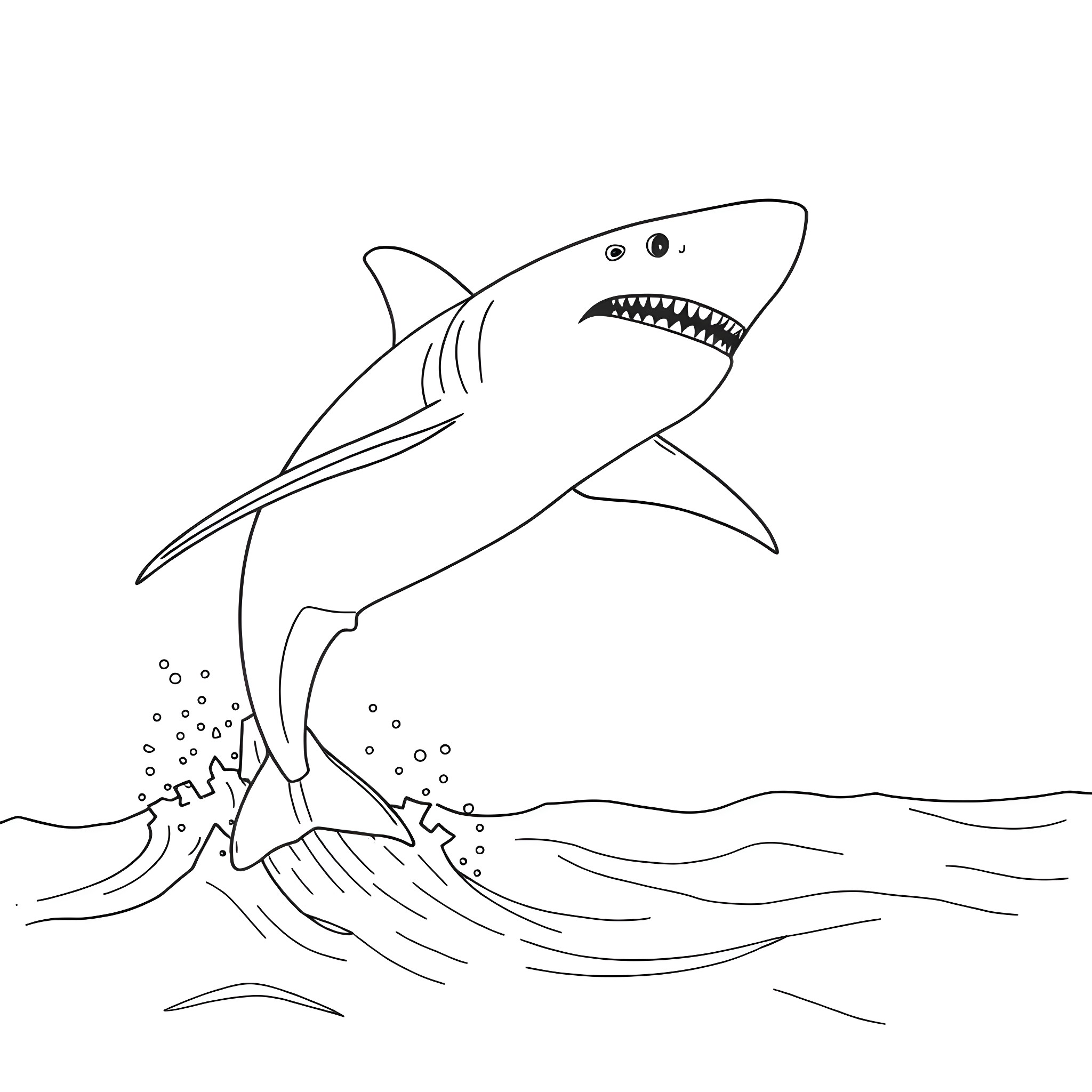 Shark gliding through ocean waves Coloring Page (free black-and-white line drawing printable PDF for all, from beginners to advanced learners, including children, teens, adults, and seniors)