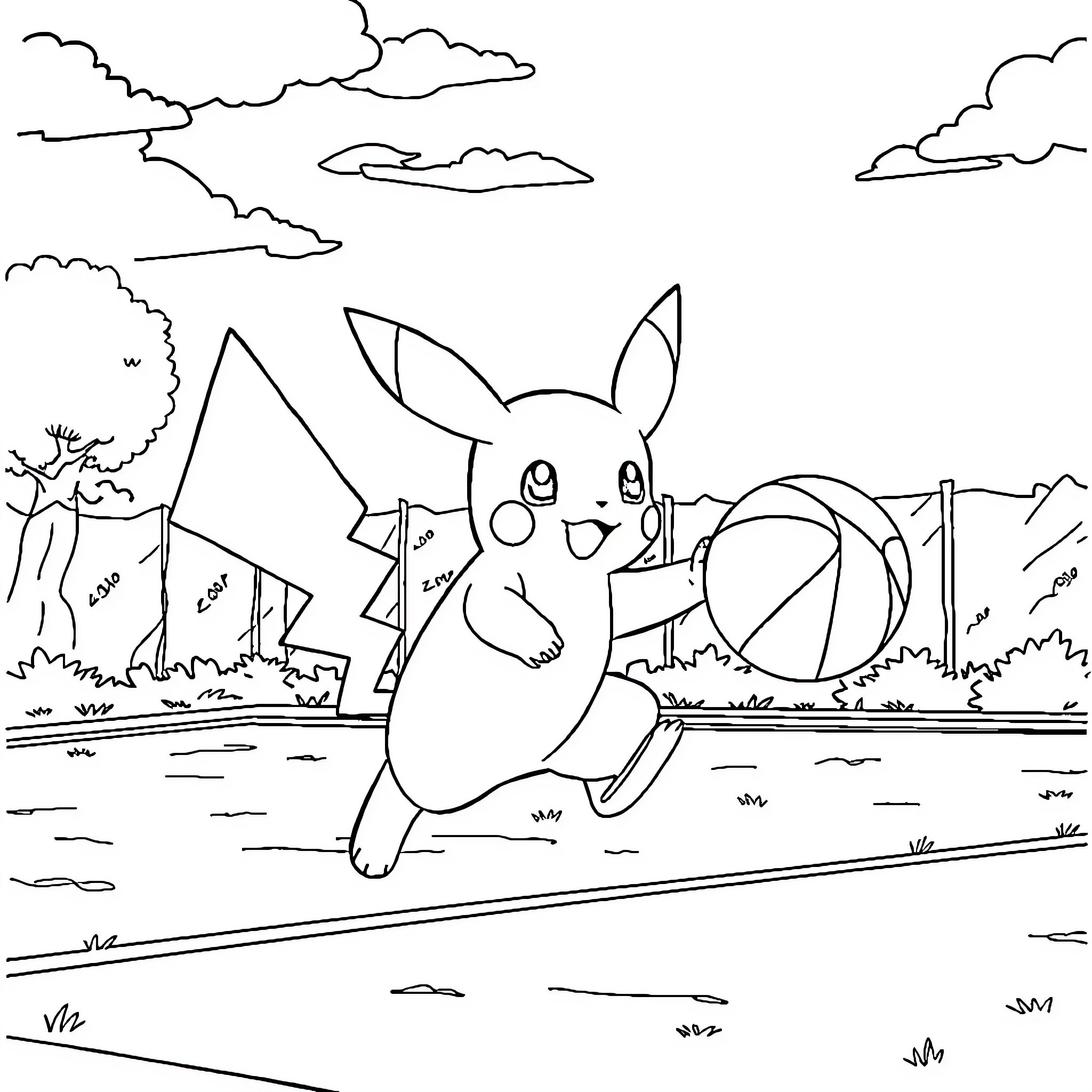 Pokémon character enjoying an outdoor adventure Coloring Page (free black-and-white line drawing printable PDF for all, from beginners to advanced learners, including children, teens, adults, and seniors)