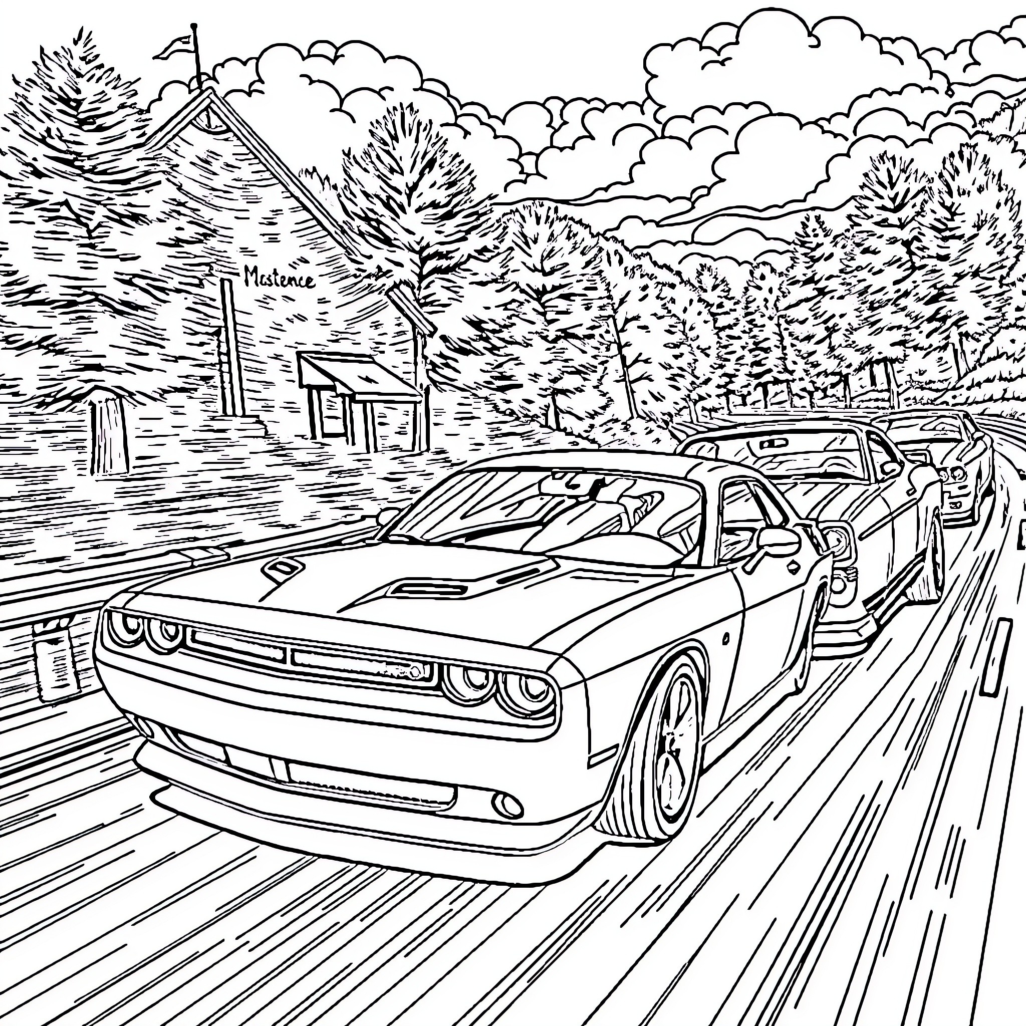 Dodge Challenger racing through a scenic landscape Coloring Page (free black-and-white line drawing printable PDF for all, from beginners to advanced learners, including children, teens, adults, and seniors)
