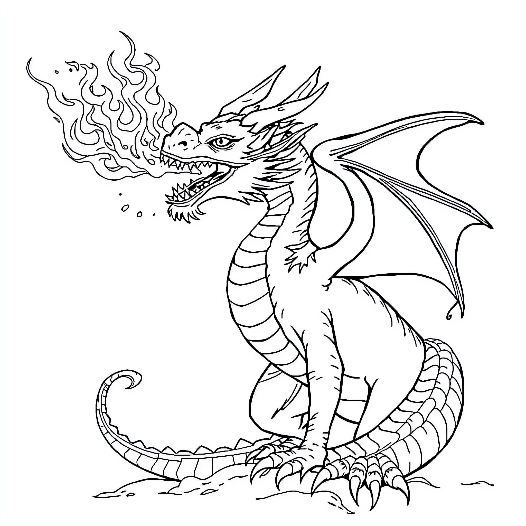 Dragon exhaling flames with fierce expression Coloring Page (free black-and-white line drawing printable PDF for all, from beginners to advanced learners, including children, teens, adults, and seniors)
