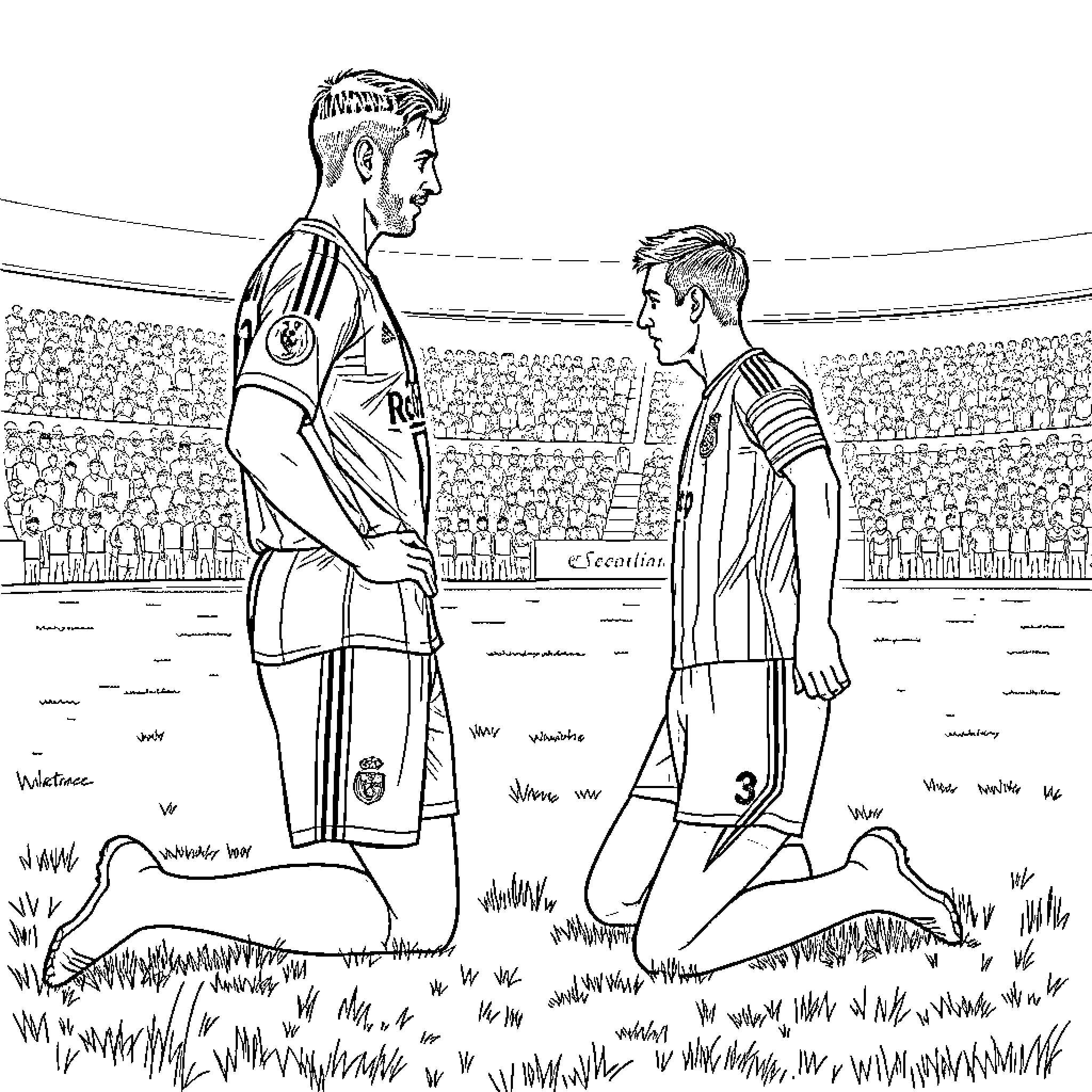 Ronaldo and opponent face off on the soccer field Coloring Page (free black-and-white line drawing printable PDF for all, from beginners to advanced learners, including children, teens, adults, and seniors)