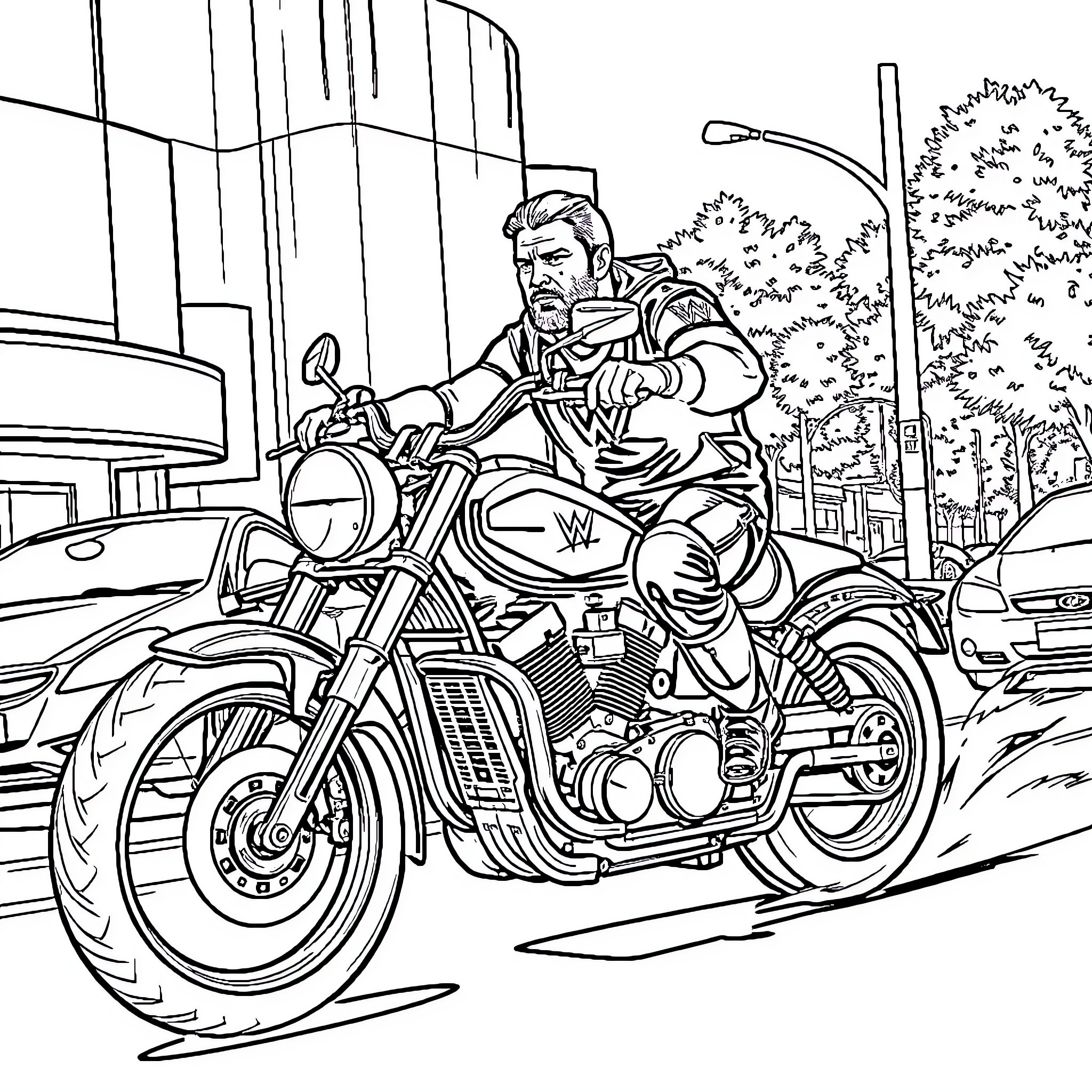 Seth Rollins riding a powerful motorcycle on the city street Coloring Page (free black-and-white line drawing printable PDF for all, from beginners to advanced learners, including children, teens, adults, and seniors)