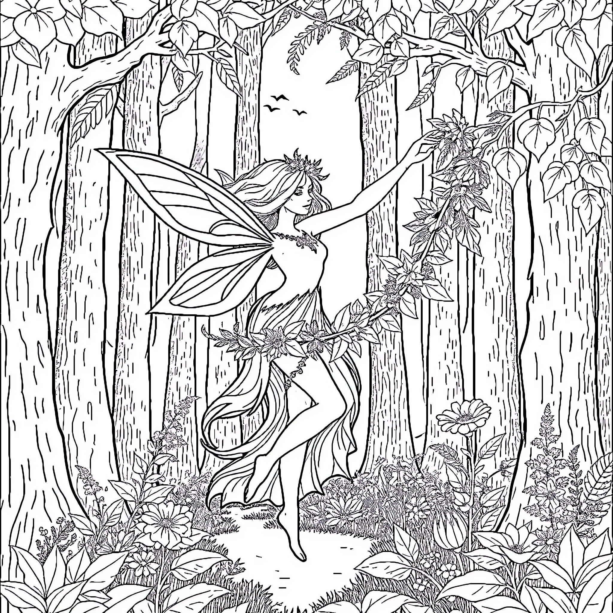Sprite dancing gracefully in the enchanted forest Coloring Page (free black-and-white line drawing printable PDF for all, from beginners to advanced learners, including children, teens, adults, and seniors)